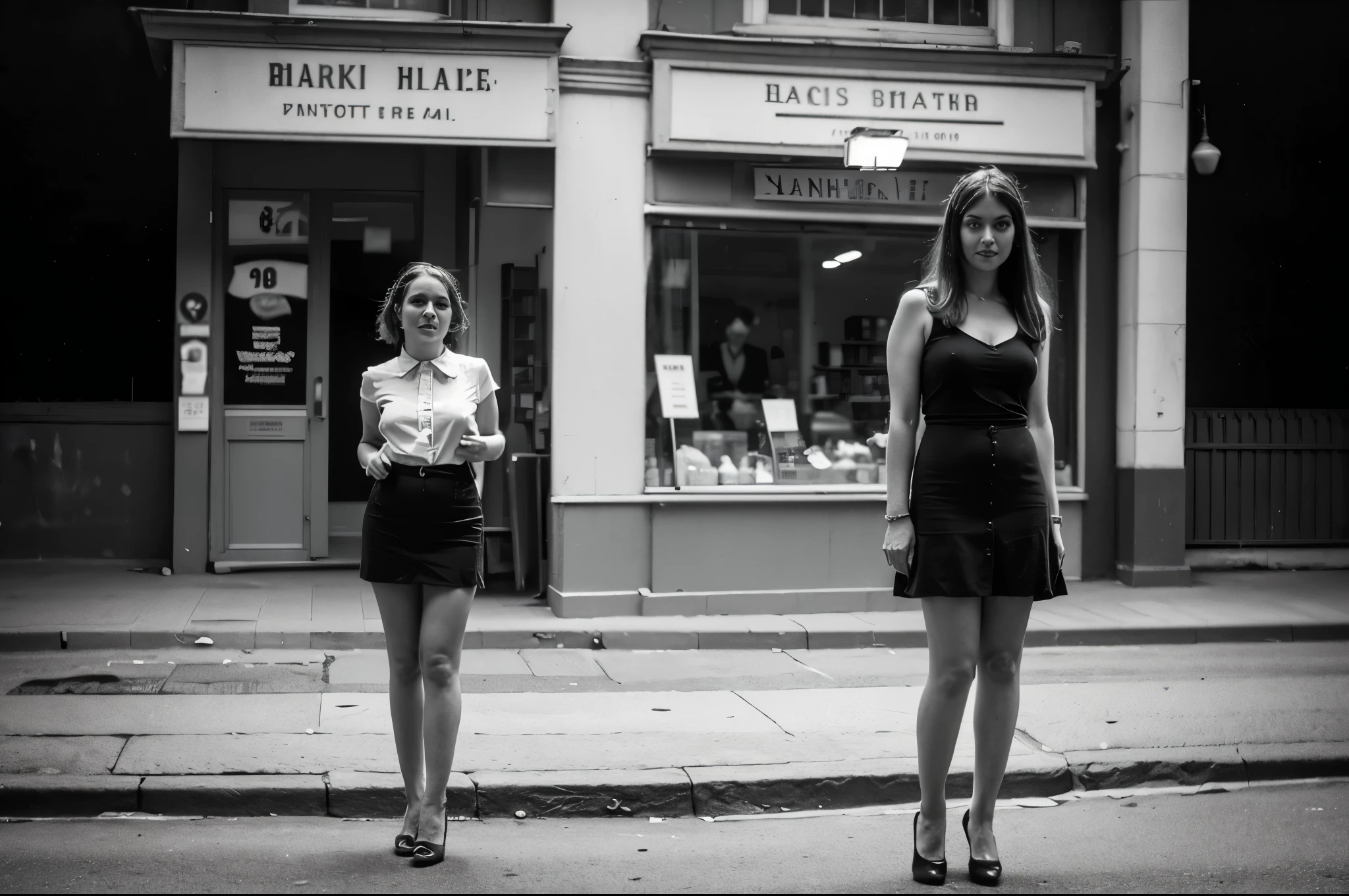 (best quality, 4k, 8k, highres, masterpiece:1.2), ultra-detailed, (realistic, photorealistic, photo-realistic:1.37), black and white photography, full body photo, 1920s, American old harlot, a 53 years old strumpet, a hooker waits for customers in front of an old 20s-style brothel. she wears a dark miniskirt and a light sleeveless knotted shirt. black high-heels. Perfect simmetrical face. The street at night is illuminated by a lamppost. A black and white photo. in an old brothel 20s style, direct eye contact, long hair, beautiful, retro style, vintage fashion, realistic hands. Far Wide angle. (Old style postcard image)