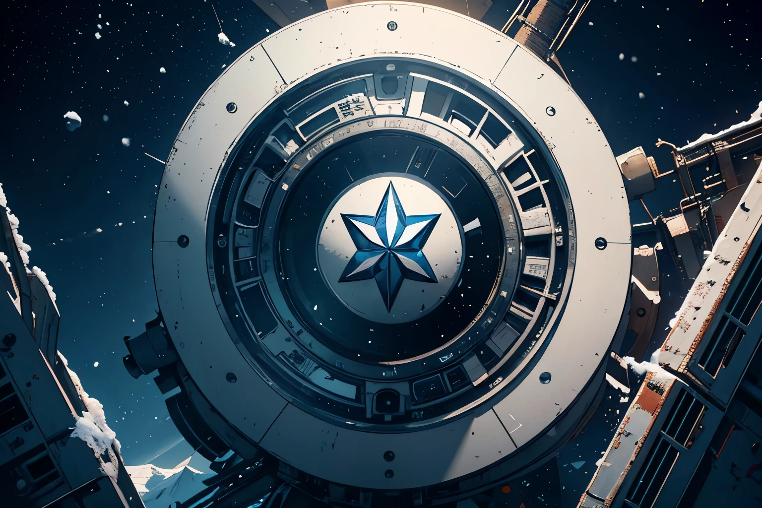 icon、logo、Very wide white background、Extreme quality、 masterpiece、8k、Depth of written boundary、Intricate details、 (No humans)、Very large margin、Lots of characters、企業logo、Inside the Complex Universe、Snow Mountain、motif、emblem、Abandoned Factory、wiring、logo、traffic light