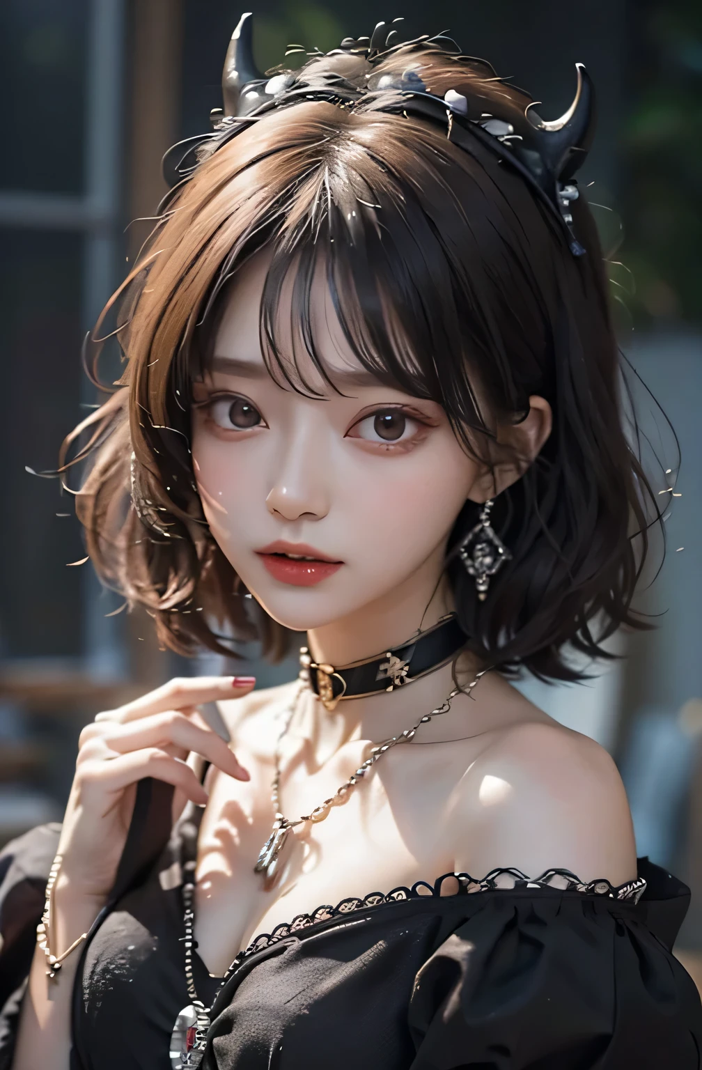 (highest quality:1.3)、(masterpiece:1.3)、sharp、(Perfect body beauty:1.2)、(Night Scene:1.3)、(Black Dress:1.3)、(Luxury Room:1.2)、(chain:1.2)、Highly detailed face and skin texture、Detailed eyes、double eyelid、short hair、boyish、unisex、Big eyes、necklace、((One Woman))、bracelet、Earrings、choker、ring、chain accessories、chain、Thick chain collar、(restrain with chains)、((fall to the dark side))、((evil princess))、Cleavage、Off the shoulder、(palace)、((Fantasy Castle))、((The Devil's Bride))、((devil princess))、(Blushing)、(looking at the camera)、(chain choker)、(Little devil horns)、((devilize))