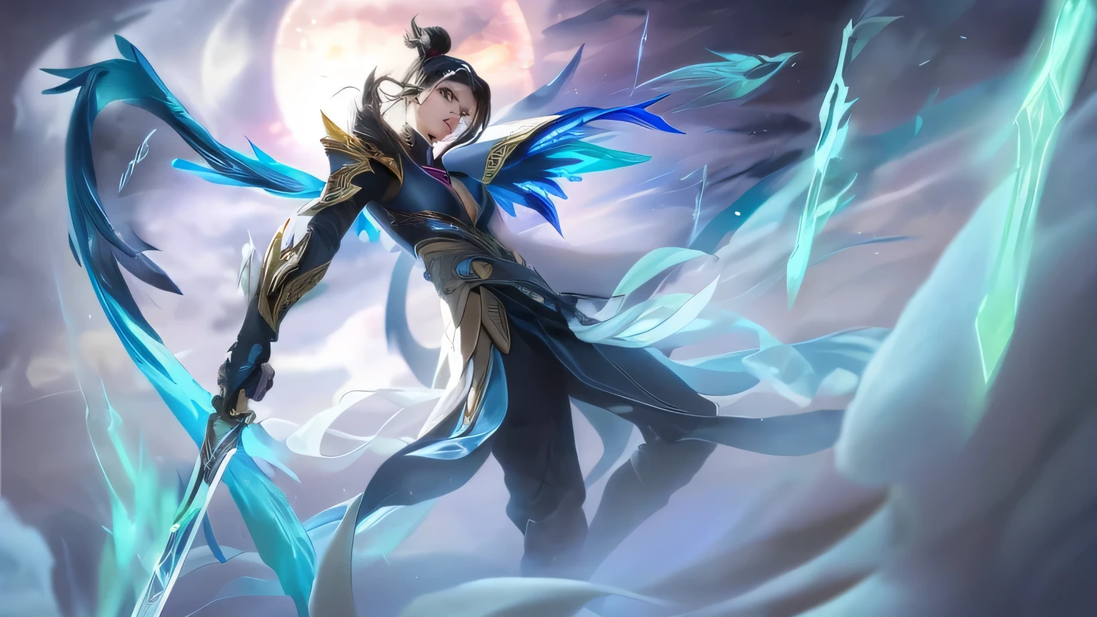 arafed image of a woman with wings and a sword, inspired by Huang Shen, heise jinyao, inspired by Shen Zhou, official splash art, yang qi, irelia, by Yang J, inspired by Li Kan, inspired by Shen Quan, inspired by Fan Kuan, inspired by Qu Leilei, zhao yun, full body xianxia