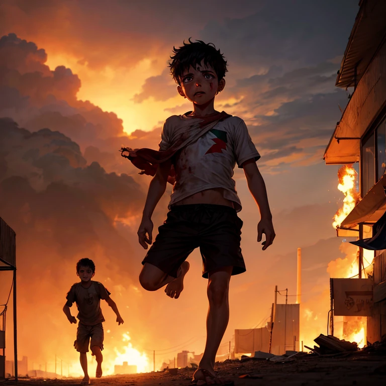 A young Palestinian boy runs barefoot, crying, with a blood-stained shirt, waving a torn Palestinian flag. He races through a refugee camp ablaze from war, with dust swirling and smoke towering high, capturing tension and courage in a single, emotion-filled photograph.