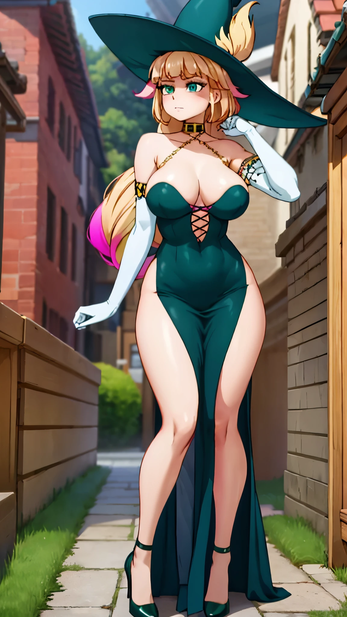 demia, full body, ass-focus, back, looking at viewer, long hair, blonde hair, (green eyes:1.3), pink hair, braid, multicolored hair, single braid, gradient hair, gloves, hat, dress, cleavage, bare shoulders, choker, elbow gloves, white gloves, black dress, high heels, witch hat, side slit, witch,
