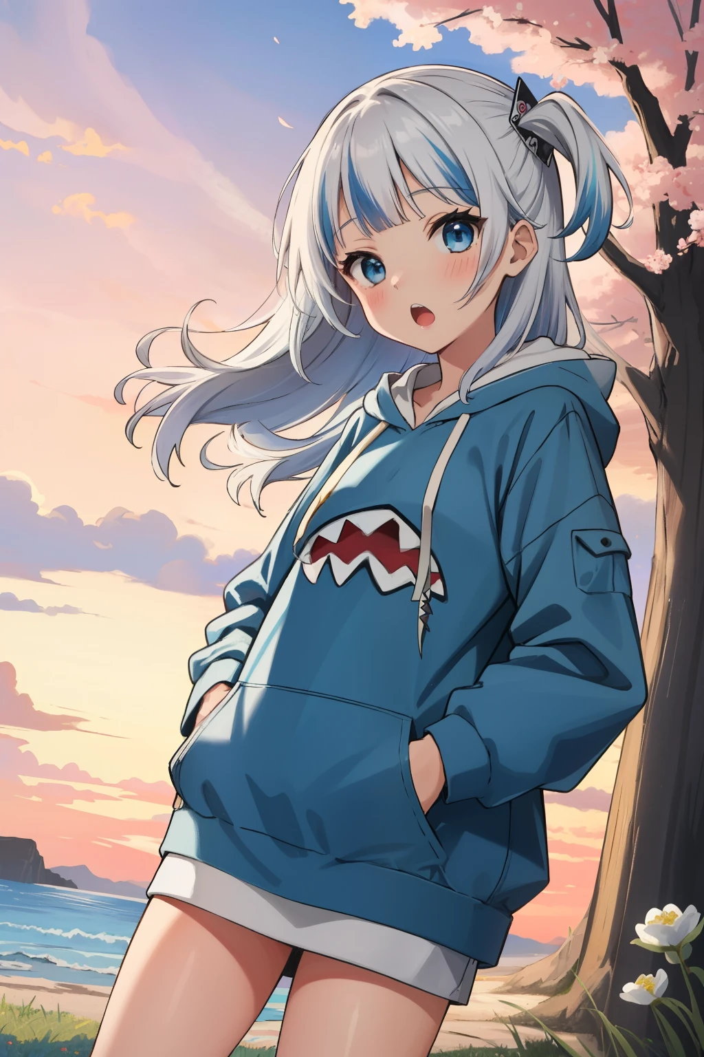 (masterpiece, best quality),  intricate details,1girl, gura gawr, blue hair, grey hair, medium hair, multicolored hair, shark girl, two side up, teeth, blue nails, hood, long sleeves,  blue eyes, white neck hoodie, deep blue hoodie, shark hoodie, hands in pocket, open mouth, (:o),  pink sky, road, yellow cloud, kai planet, pink sky, grass, tree, flowers, floating,