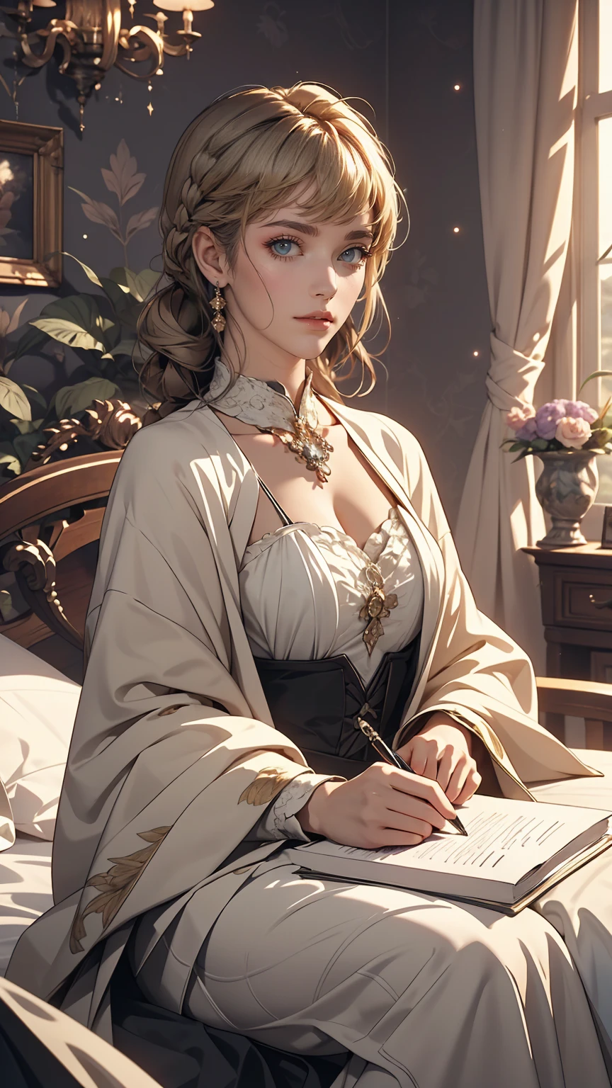 masterpiece, highest quality, (Highly detailed CG synthesis 8k wallpaper), (highest quality), (Best illustrations), (Best Shadow), (Stable Diffusion Model), Violet Evergarden, Sparkling, beautiful, victorian style bedroom, Dynamic Lighting, Depth of written boundary