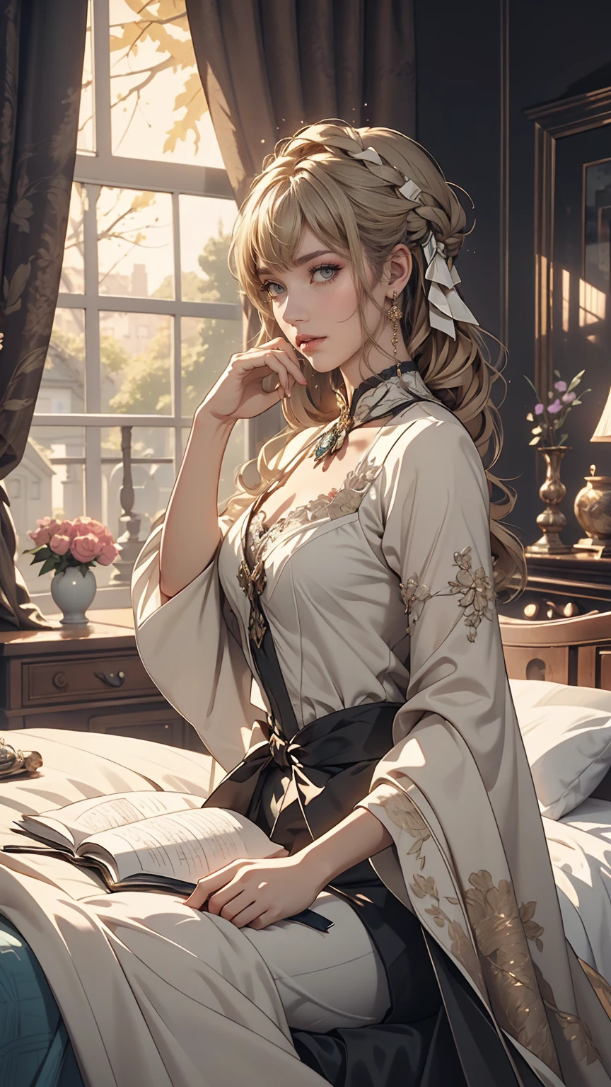 masterpiece, highest quality, (Highly detailed CG synthesis 8k wallpaper), (highest quality), (Best illustrations), (Best Shadow), (Stable Diffusion Model), Violet Evergarden, Sparkling, beautiful, victorian style bedroom, Dynamic Lighting, Depth of written boundary