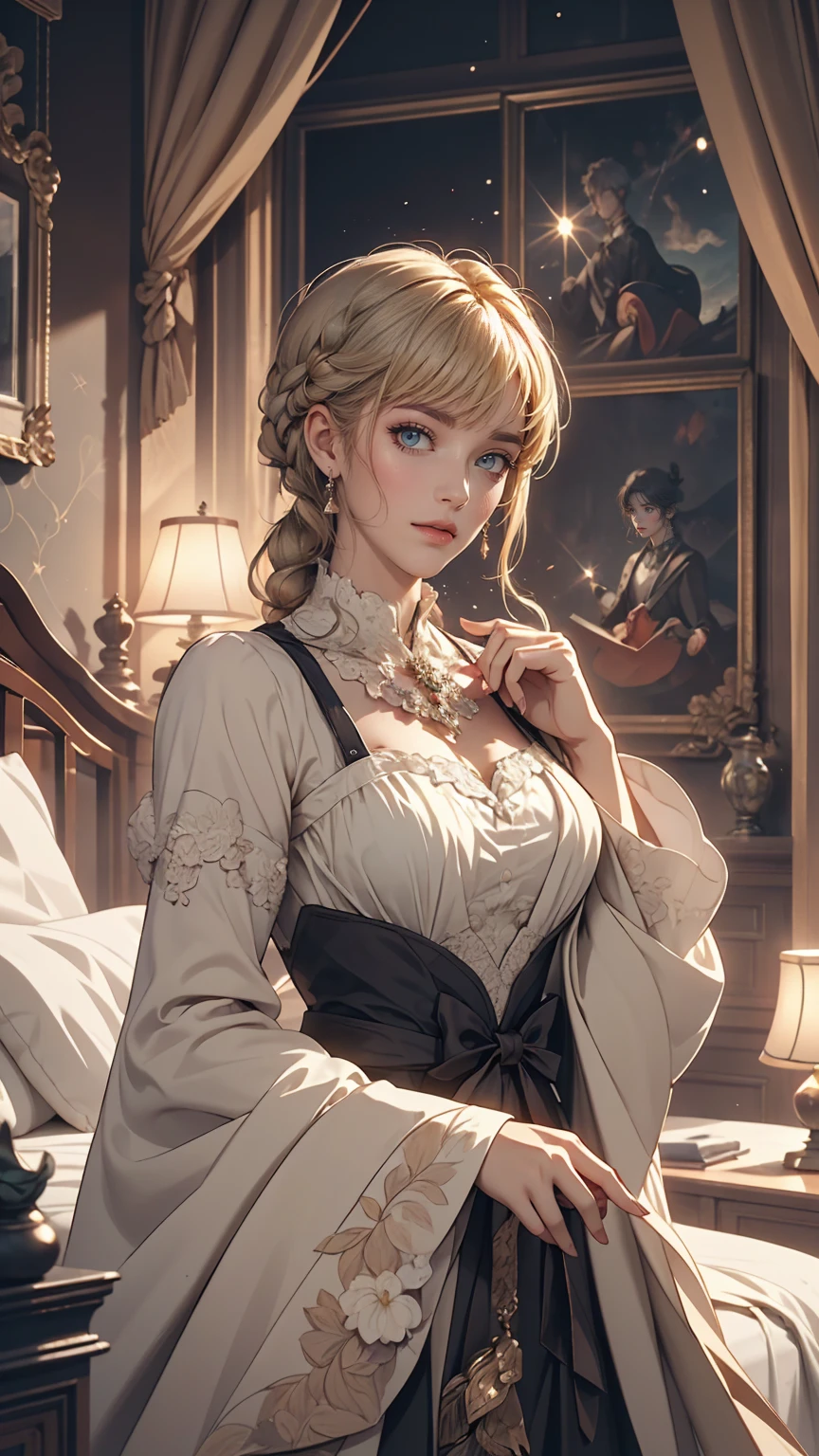masterpiece, highest quality, (Highly detailed CG synthesis 8k wallpaper), (highest quality), (Best illustrations), (Best Shadow), (Stable Diffusion Model), Violet Evergarden, Sparkling, beautiful, victorian style bedroom, Dynamic Lighting, Depth of written boundary