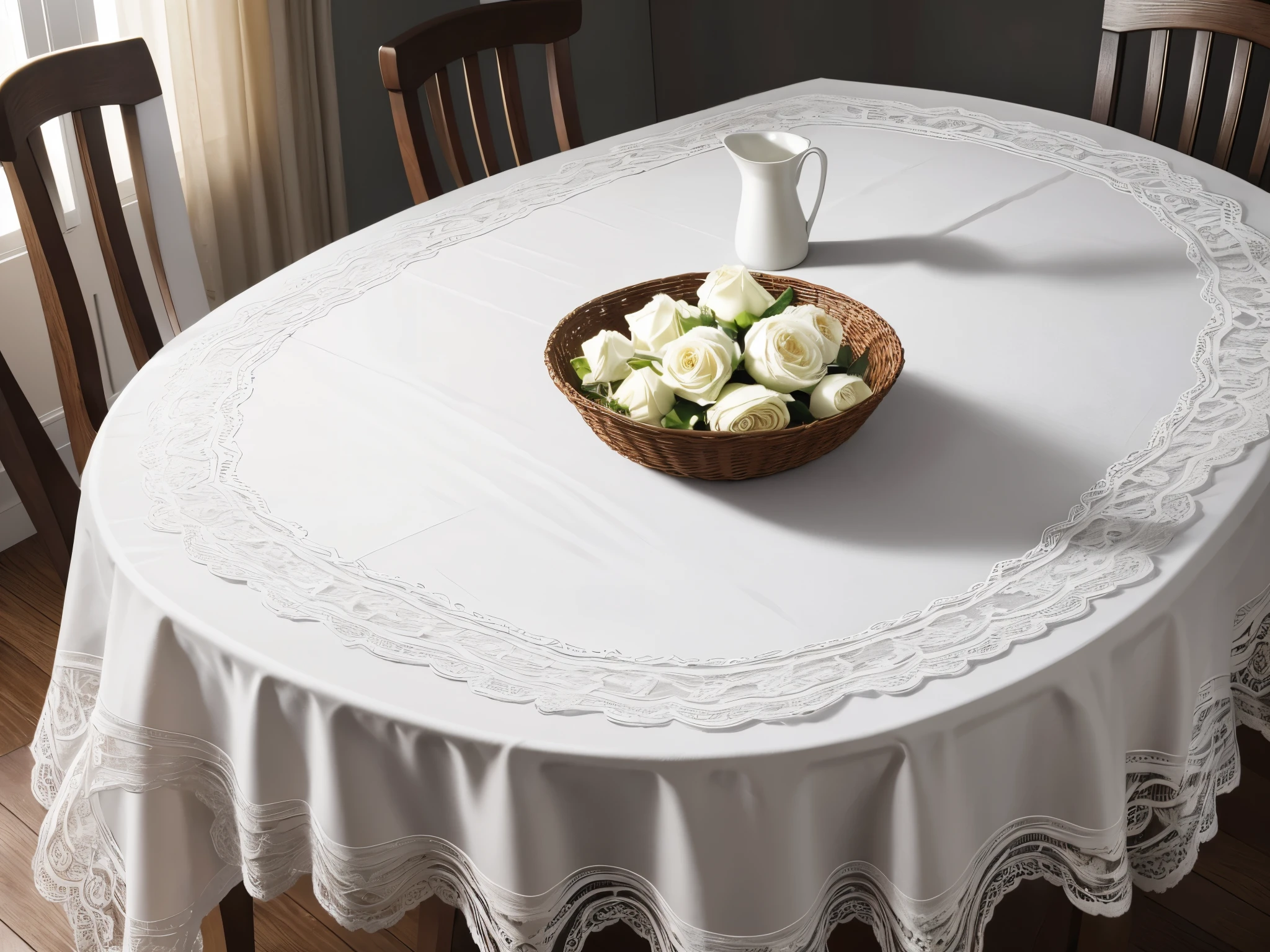 (masterpiece, best quality), best resolution, white lace tablecloth on a dining room table