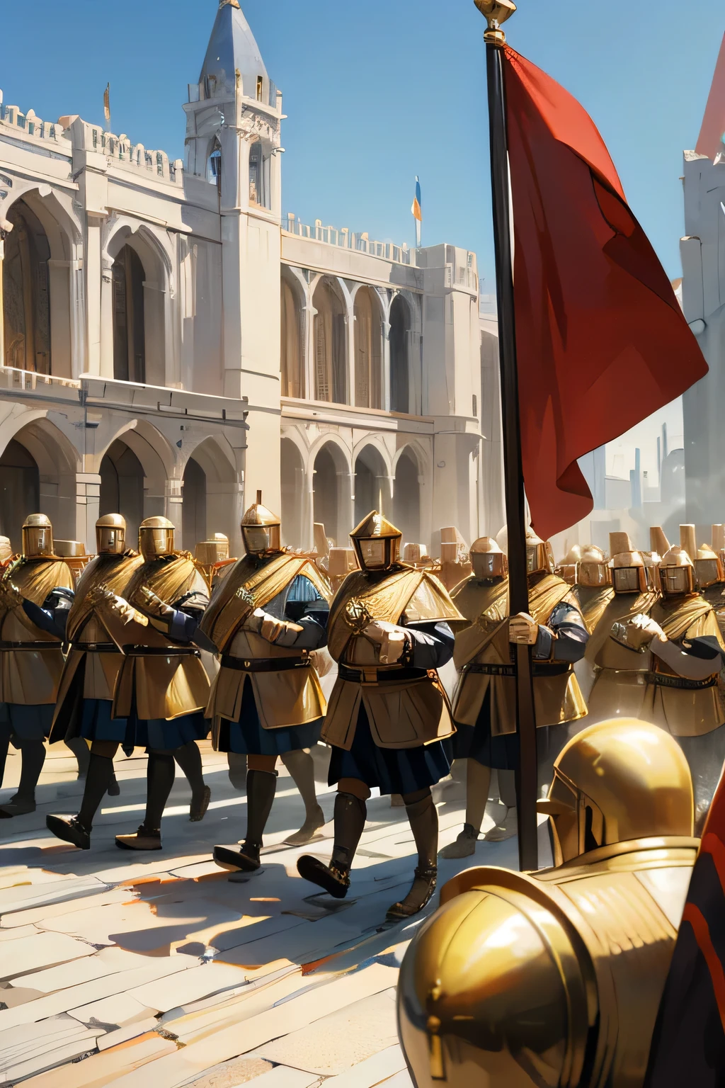 emperor being escorted by byzantine army marching through city,