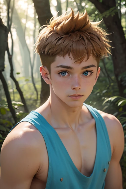 masterpiece, best quality, , 1boy, solo, male focus, looking at viewer, upper body, depth of field, , realistic, roy_kaminaki_sekai, brown hair, blue eyes, forest background, HD, squarecut tanktop, 