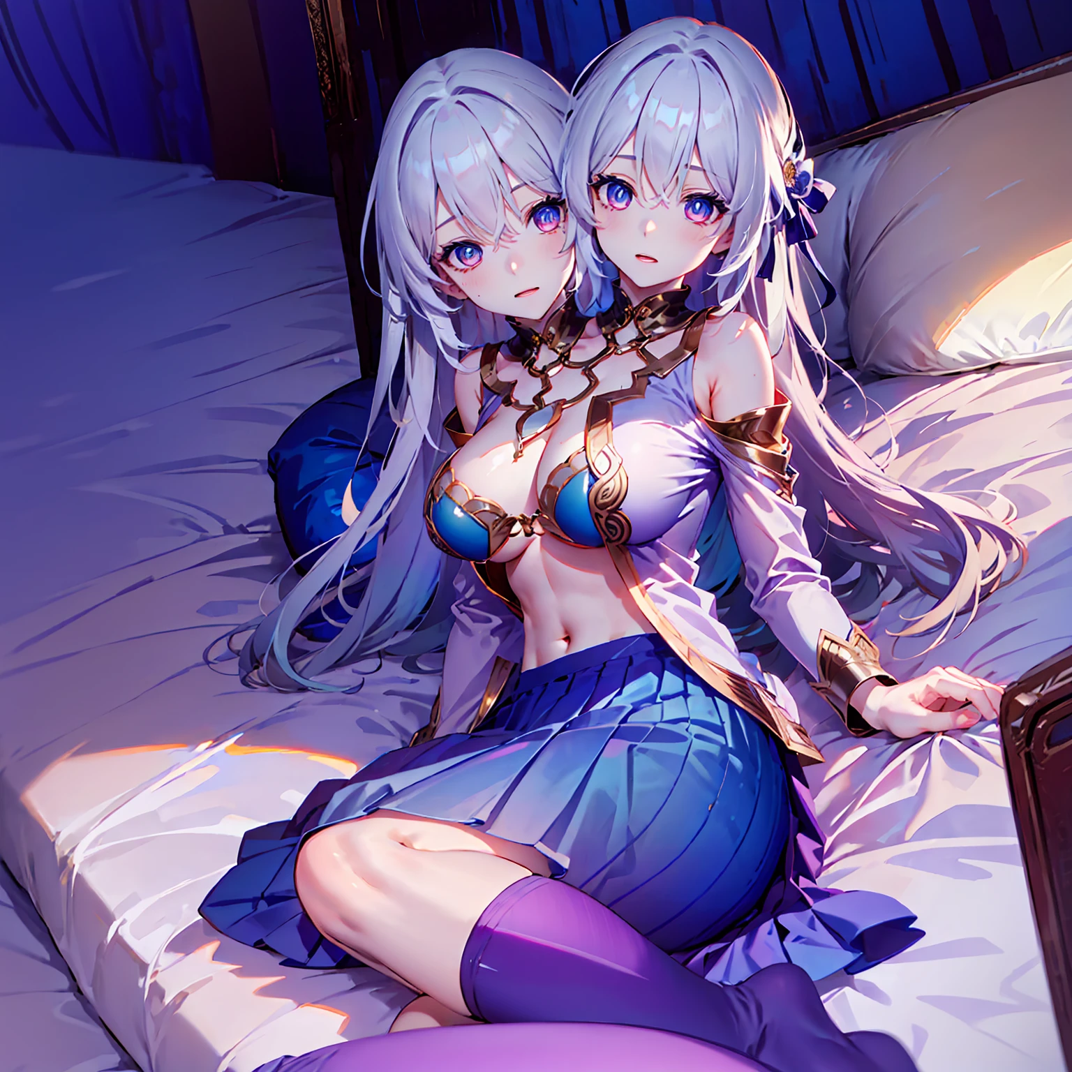 masterpiece,best quality,best resolusion,1 girl,2heads,detailed,firefly character,long gray hair,hair accessories,blue and purple gradient eyes,reddish face,wearing white clothes with black cloth on the shoulders with gold patterns and white long sleeves(blue cloth chest),wearing a long blue skirt,wearing long blue socks,normal breasts,lying in bed,bedroom background,conjoined twins,beautiful face,beautiful hair,beautiful eyes,beautiful body,beautiful hand 