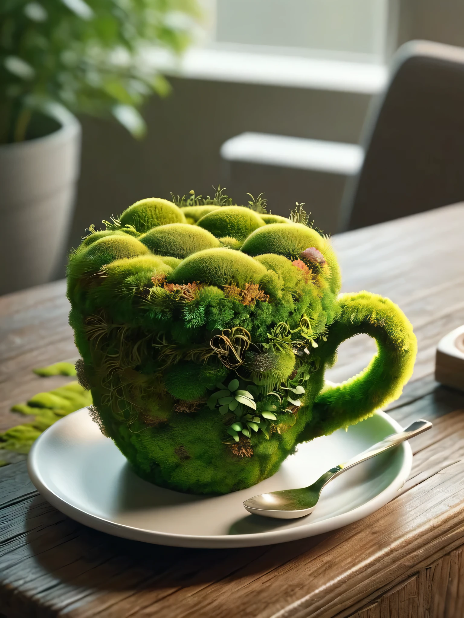 ovrgrwth, a green moss covered coffee cup on a plate
