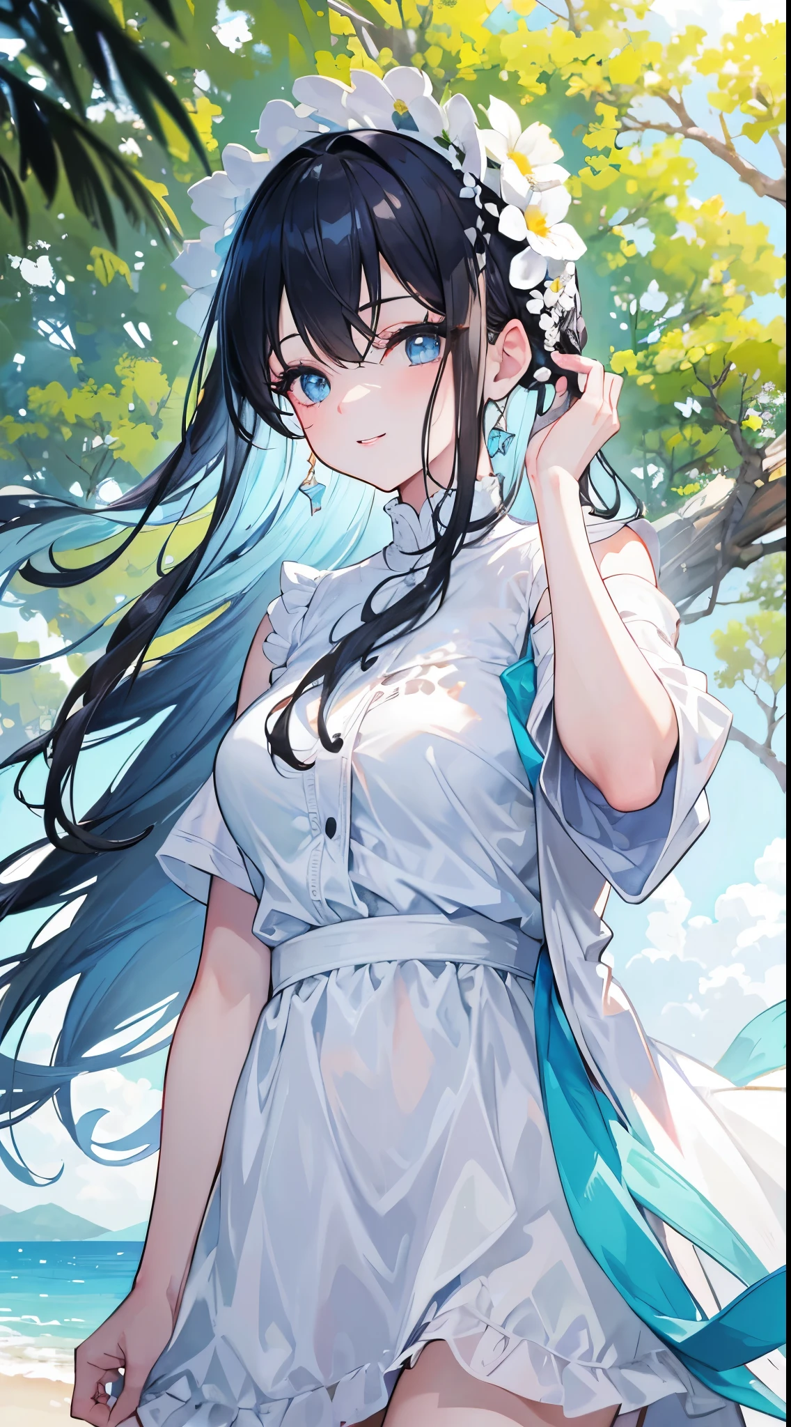 masterpiece, highest quality, Very detailed, Beautiful lighting, girl、Black Hair, (Light blue eyes: 1.3), Are standing, The park is off-limits, Beautiful views, Mild hot flashes, smile, (cute smile: 1,1), (Bright lips: 1,1), (Beautiful Eyes: 1,1), Long Hair、White clothes、Hair tied up、Large breasts、Sweat、summer、Being in the shade、coastal、Hair blowing in the wind、cool