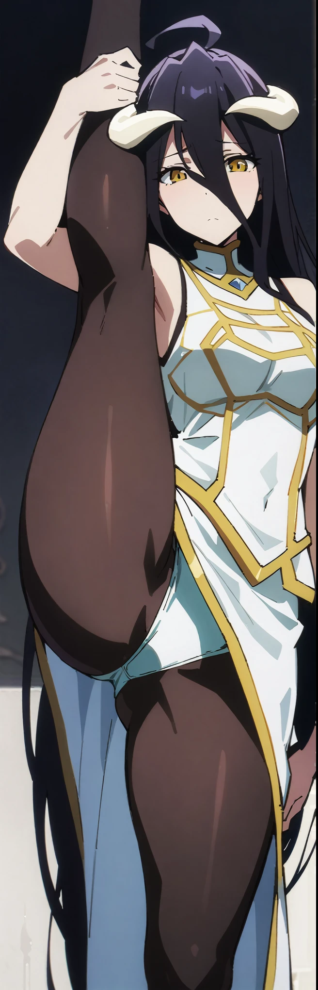 (masterpiece, best quality:1.2), 1girl, solo,standing_split, close to viewer,
albedo (overlord), horns, sleeveless clothing,Sleeveless shirt, Unzip the jacket, detail_face, eyeslashes, shinny hair