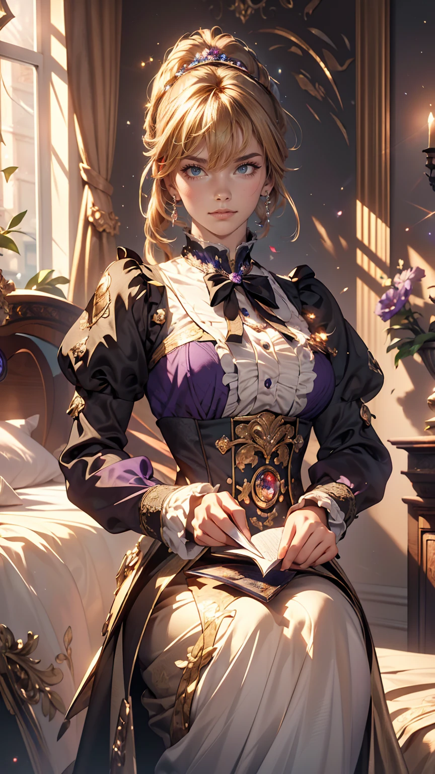 masterpiece, highest quality, (Highly detailed CG synthesis 8k wallpaper), (highest quality), (Best illustrations), (Best Shadow), (Stable Diffusion Model), Violet Evergarden, Sparkling, beautiful, victorian style bedroom, Dynamic Lighting, Depth of written boundary