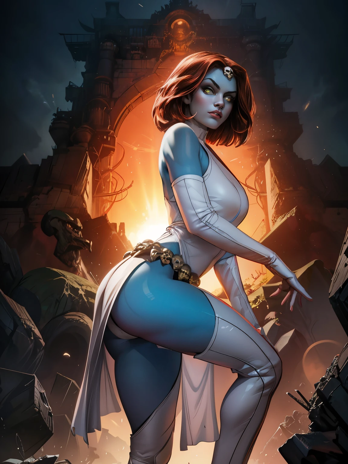 ((masterpiece)), (best quality),, official art, extremely detailed CG unity 8k wallpaper, highly detailed, blue skin,, yellow eyes,red hair,Depth of field, vivid color,, 1girl, (curvy:0.6), (full body:0.8), girl wearing sexy clothes, sexy , portrait sophie mudd, casual pose, gorgeous young model, cute young woman, a beautiful -aged girl, very pretty model, young , cute young girl, beautiful young girl, beautiful model, , shiny hair, young and cute girl, girl, Mystique Xmen, looking at me, high shadow texturing, shadows included, looking epic, epic background, epic place, single person, nobody else, wearing swimsuit, wearing somethink cute, wearing cute dress, adorable, kawaii, cute, proud, happy, definision of happines, rainy day, rain, light source, epic lighting, sunning, 18+ , epic background, super epic backgorund, backgorund theme, suepr shadowing, shadows, dynamic lighting, wearing sexy clothes of random color, (Background: sunset, sunny forest, nature), poses: (Poses: sexy pose), light face, light outline lines, realistic, hyper detailer, high details,ass pose