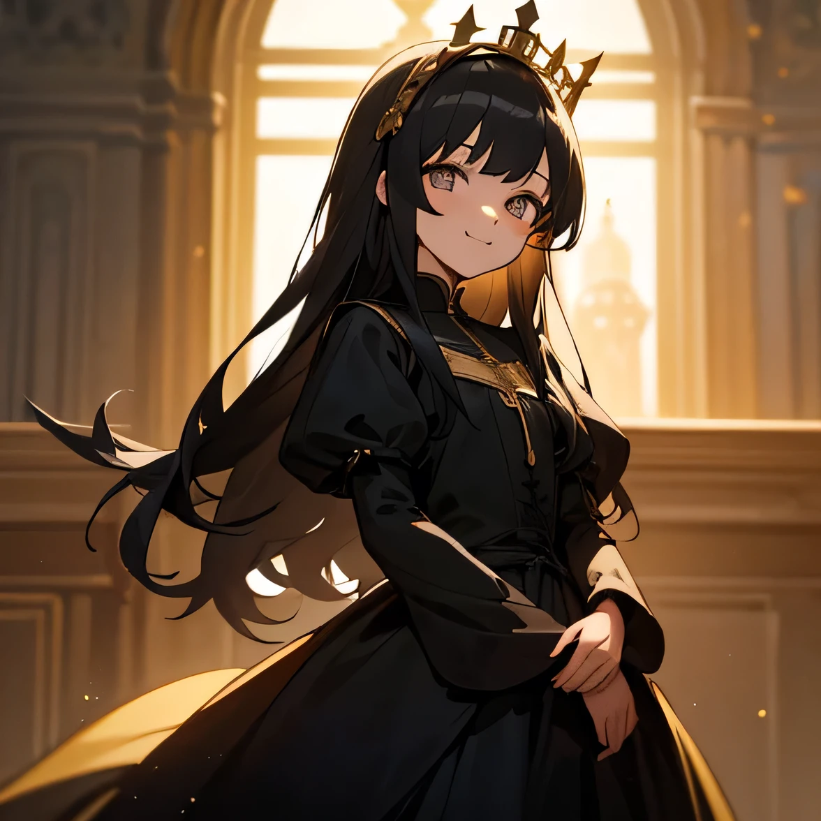 1 Female, 24-years-old, European Style, Princess, Black Hair, long hair, small golden crown, Dark Eyes, Eyes that reflect light, A long black dress worn by a medieval European nobleman, Long sleeve, smile, Golden Rose, kind, cute, Ladylike, looking at the camera, up, (No text)