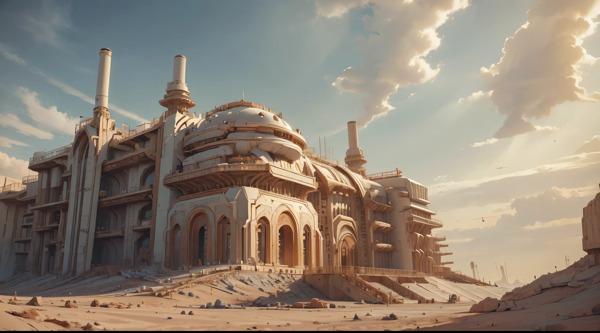 On Mars, Multiple high-tech base groups are under construction. Scientific research bases are widely distributed. , Mars daytime sky, basic architectural details, ultra wide angle lens, Highly realistic, Chiaroscuro,high resolution,Clear details。