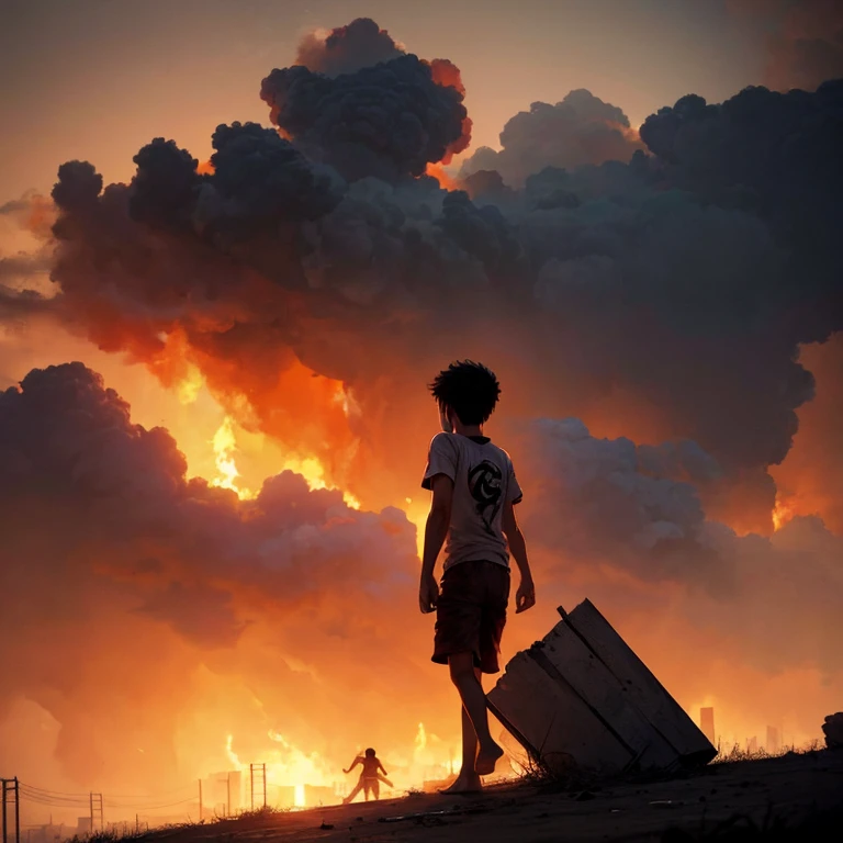 A young Palestinian boy runs barefoot, crying with a blood-stained shirt, clutching a torn Palestinian flag. He falters in a refugee camp ablaze from war, with dust swirling and smoke towering high, capturing tension and courage in a single, stunning emotional image.