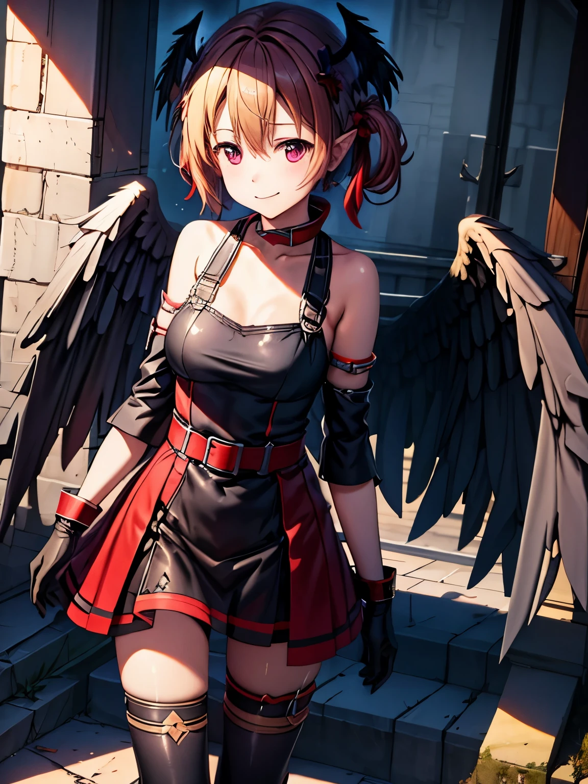 High resolution, highest quality, super high quality,Dark world、Dungeons、Black wings、darkness、Darkness、3D Images,Absolute reference to center、silica、Standing、Closed Mouth、(large wings of black color,:1.５)、(Fallen Angel Silica:1.5)、Black color dress、 Red colored eyes, Black gloves