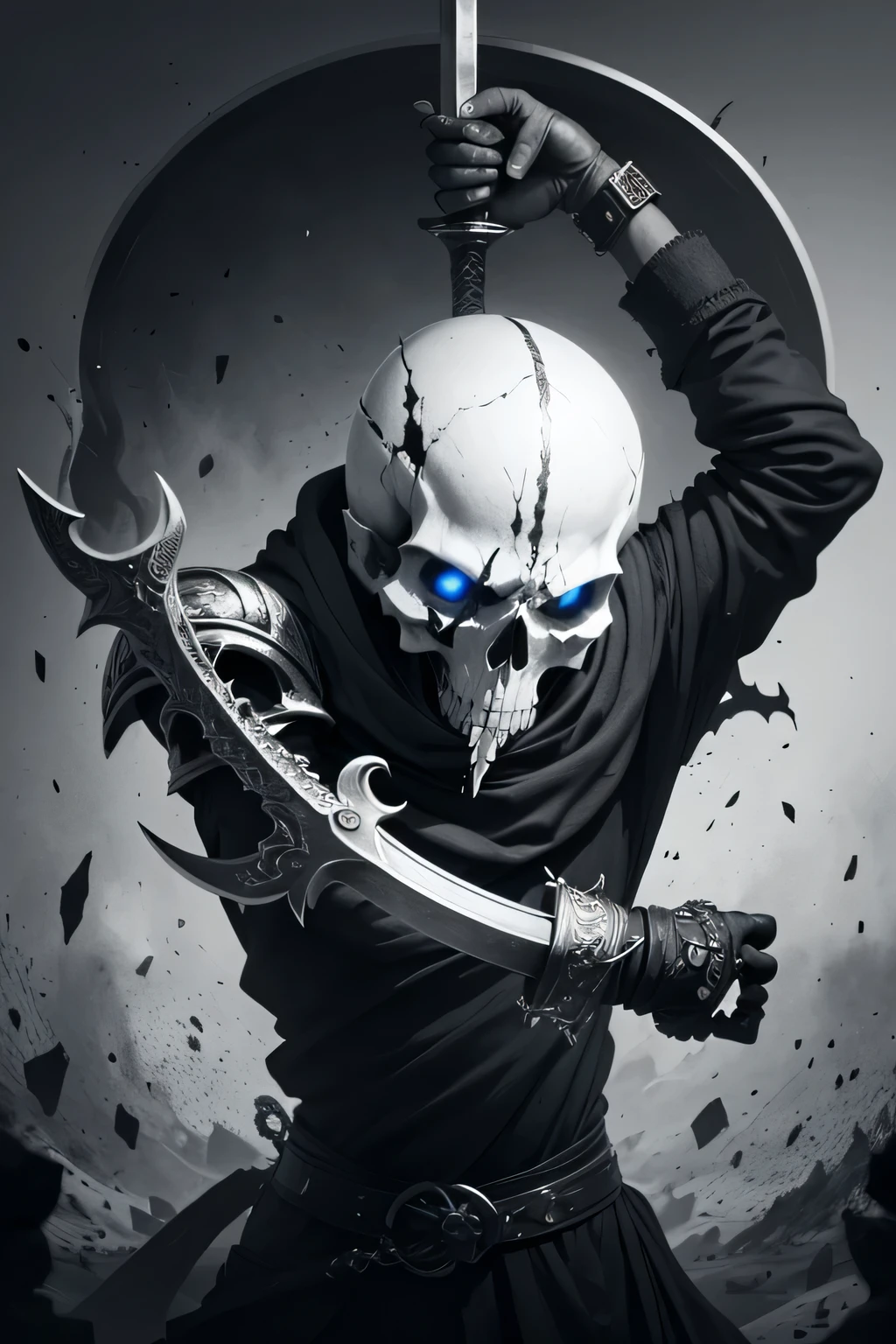 Skull, black and white, dull, no colour, only skull, sword through skull, eyes on fire, no hair, no body,