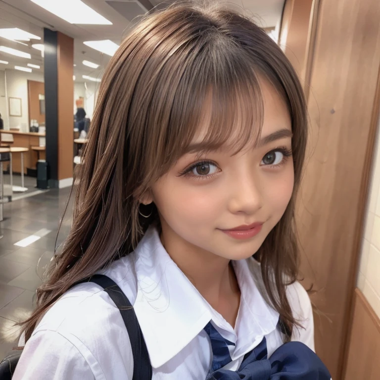 ((Cute 10 year old Japanese))、on the road、Highly detailed face、Pay attention to the details、double eyelid、Beautiful thin nose、Sharp focus:1.2、Beautiful woman:1.4、(Gal Hairstyles)、Pure white skin、highest quality、masterpiece、Ultra-high resolution、(Realistic:1.4)、Highly detailed and professional lighting、nice smile、Japanese school girl uniform