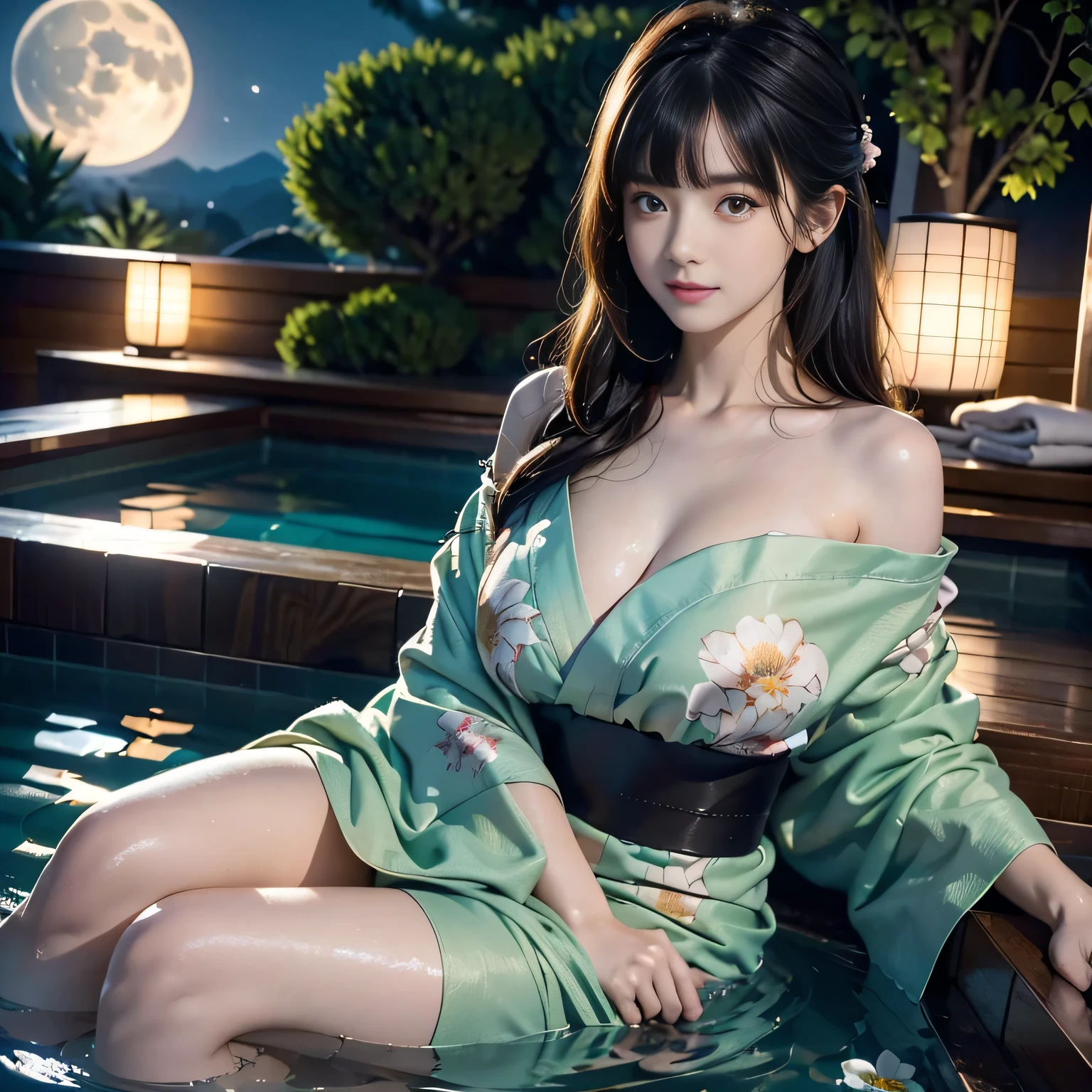 full body,low angle,from below,♥(japanese flower printed yukata),(bathing in the spa), ((1girl,cute,young,Semi long beautiful black hair,blunt bangs,beautiful green eyes)),(solo),((masterpiece, highest resolution,best quality)), ((realistic:1.5,Beautiful girl RAW photo)), (bathing in the spa), (looking at the viewer), innocent smile,cinematic lighting,beautiful outside open spa, rocks,natural beauty,full moon,night sky