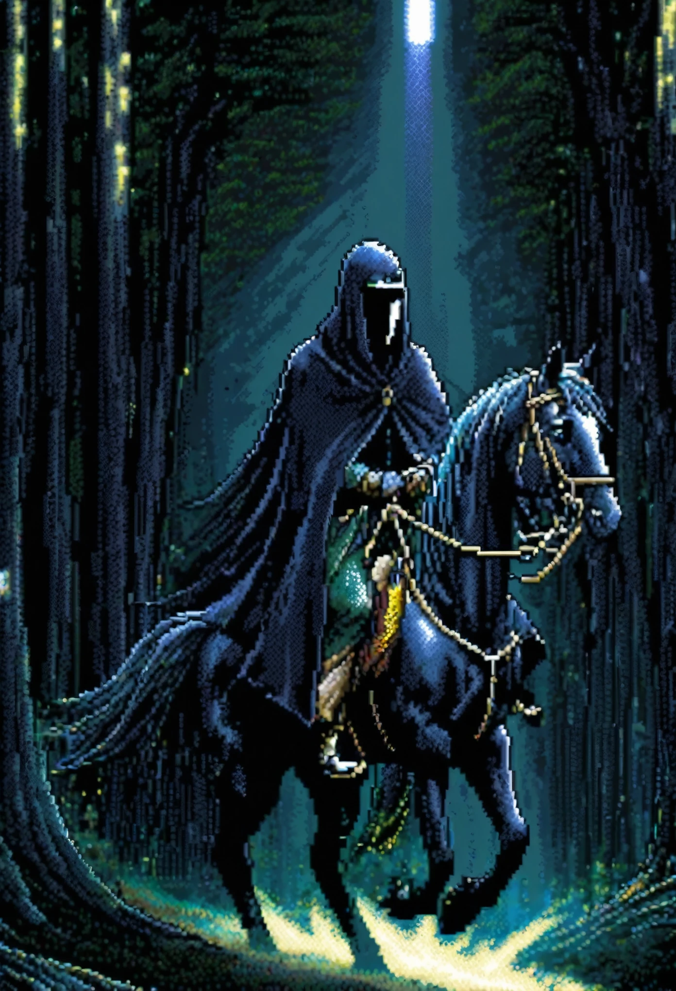 man, black cloak, riding, black horse, dark night, dark forest, forest at night, lit lamp, pixel art, 8bit
