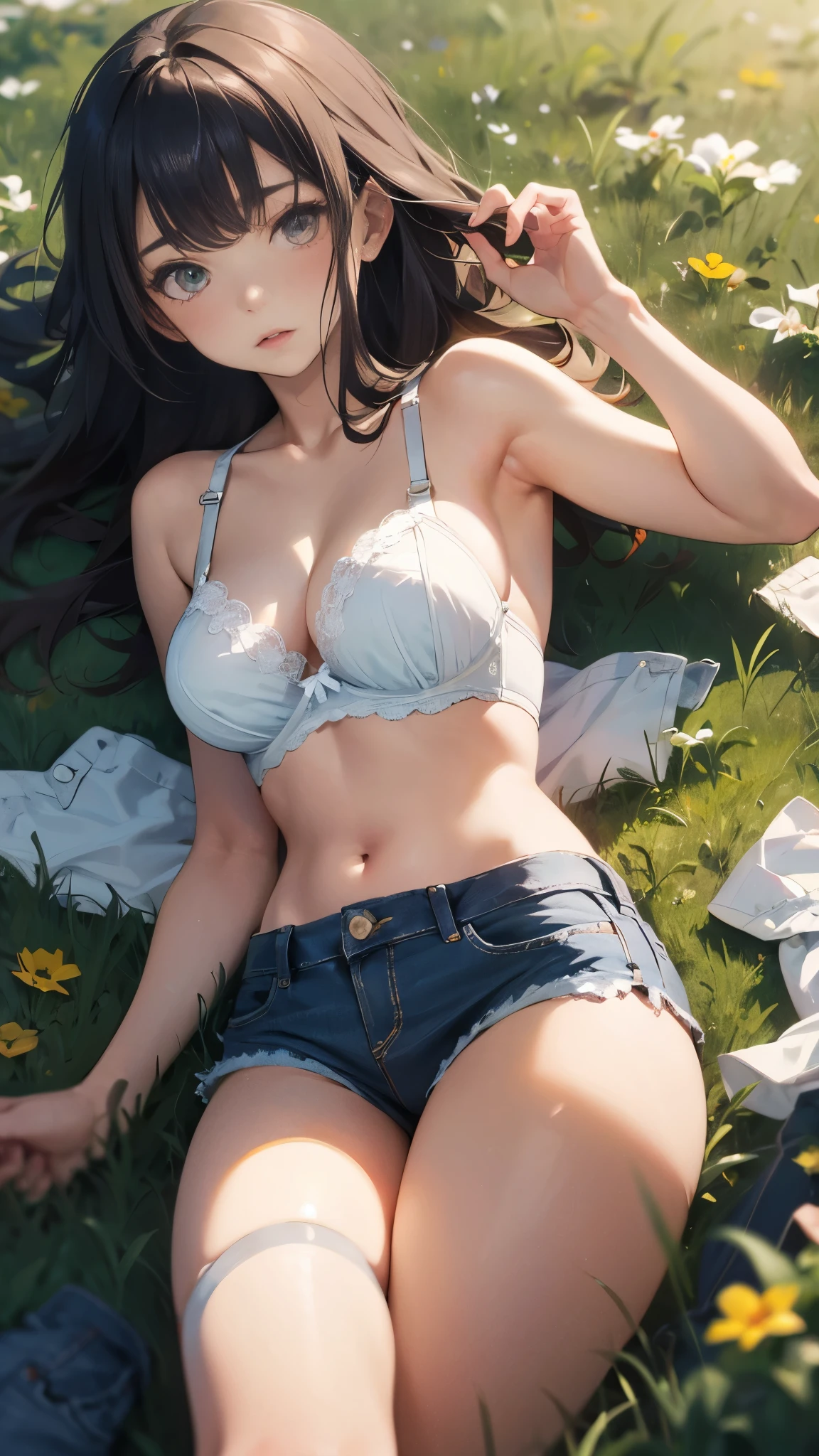 illustration：Ultra-delicate，bra，White lingerie，White lace underwear，Sexy thighs，Denim shorts，long hair，Expression of disdain，In the grass，summer