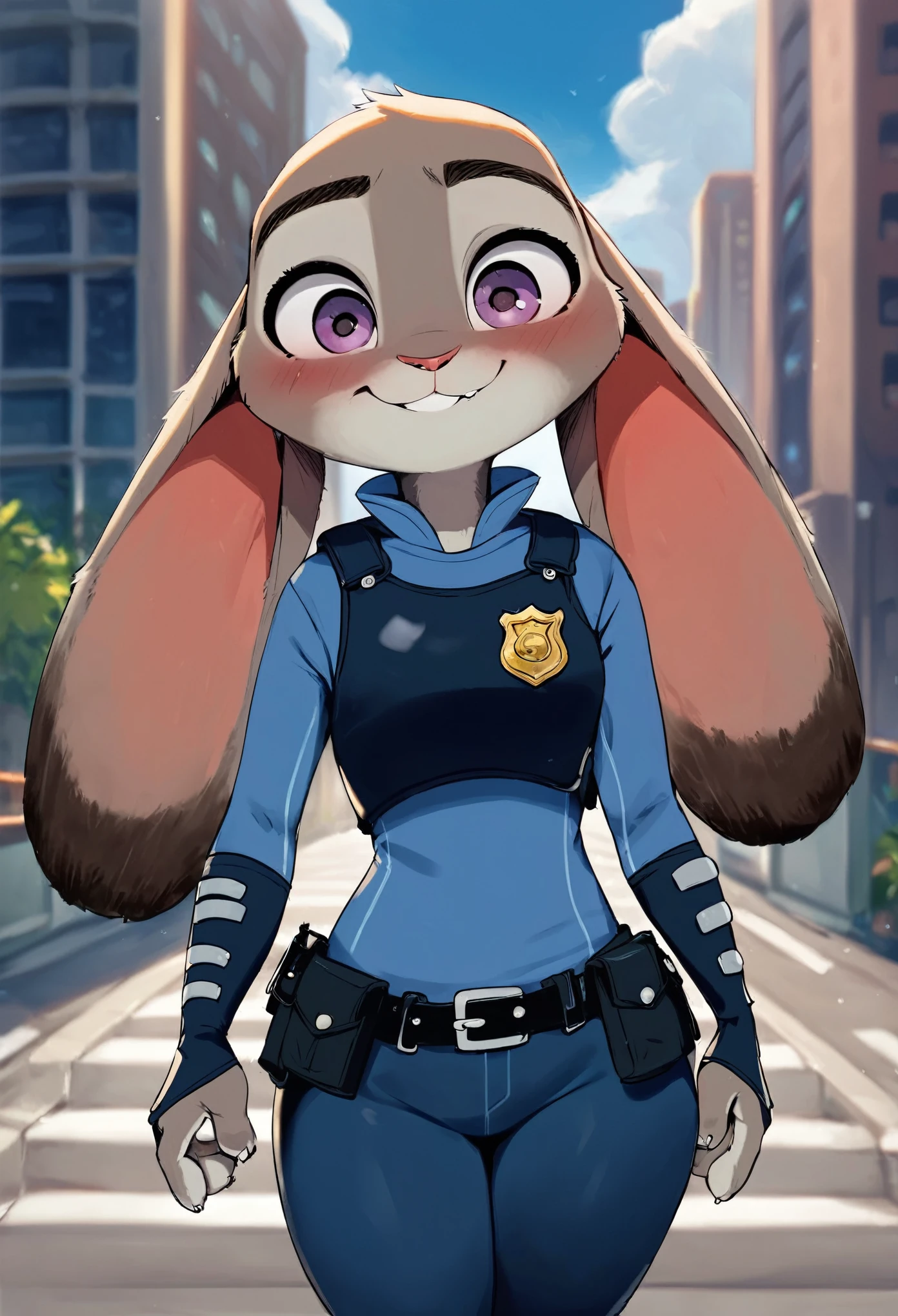 score_9, score_8_up, score_7, score_6_up,  rating_safe, best quality, masterpiece, solo, 1girl, JudyHopps, police uniform,City, modern city, no pants, kid judy