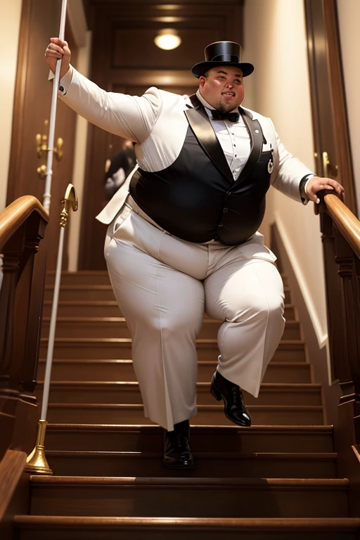 Dancing in a bold pose on the stairs、Fat man in top hat and tuxedo 1、Has a walking stick
