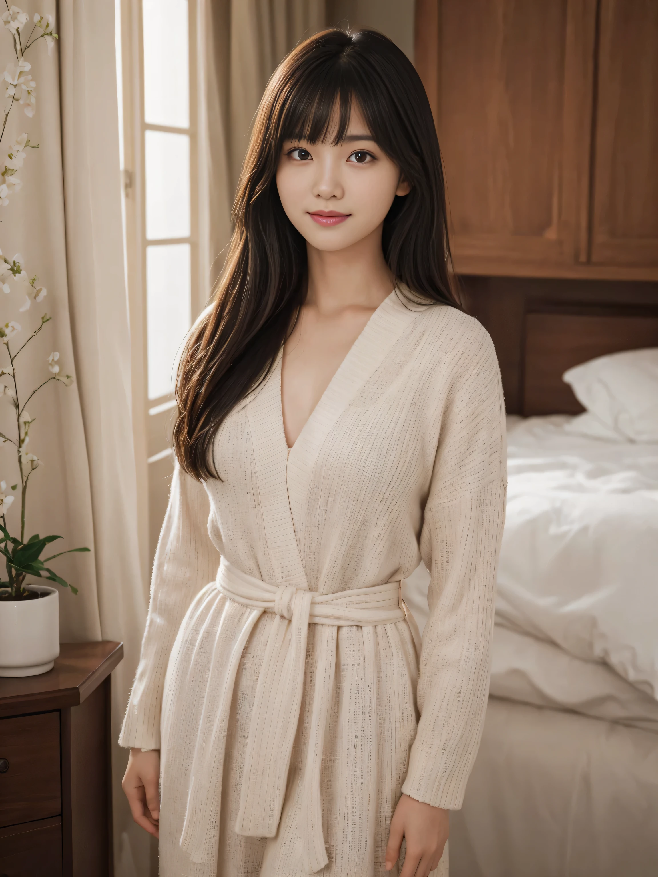 masterpiece, best picture quality, high quality, beautiful girl, Japanese, Japanese school girl, detailed, detailed eyes, detailed skin, beautiful skin, ultra high resolution, (reality: 1.4), very beautiful, slightly younger face, beautiful skin, slender, (ultra realistic), (illustration), (high resolution), (8K), (highly detailed), (best illustration), (beautifully detailed eyes), (super detailed), (wallpaper), (detailed face), looking at viewer, fine details, detailed face, smiling, looking straight ahead, angle from waist up, realistic photo, bright lighting, professional lighting, long hair, mature woman, long stylish bangs, bedroom,sexy nude, 