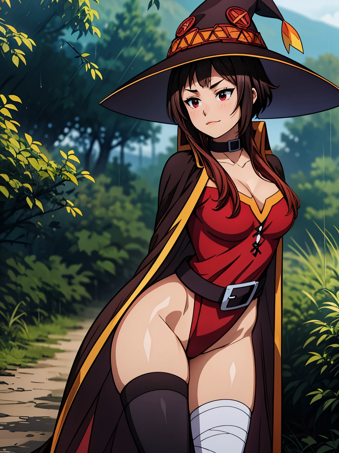 ((masterpiece)), (best quality),, official art, extremely detailed CG unity 8k wallpaper, highly detailed, blue skin,, red eyes,black long hair,hat,smirk,Depth of field, vivid color,Megu-KJ, Megu hat, megu dress, megu cape, belt, collar, asymmetrical legwear,smirk,, thighhighs, bandaged leg , gloves, 1girl, (curvy:0.6), (full body:0.8), girl wearing sexy clothes, sexy , portrait sophie mudd, casual pose, gorgeous young model, cute young woman, a beautiful -aged girl, very pretty model, young , cute young girl, beautiful young girl, beautiful model, , shiny hair, young and cute girl, girl, Megumin Konosuba, looking at me, high shadow texturing, shadows included, looking epic, epic background, epic place, single person, nobody else, wearing swimsuit, wearing somethink cute, wearing cute dress, adorable, kawaii, cute, proud, happy, definision of happines, rainy day, rain, light source, epic lighting, sunning, 18+ , epic background, super epic backgorund, backgorund theme, suepr shadowing, shadows, dynamic lighting, wearing sexy clothes of random color, (Background: sunset, sunny forest, nature), poses: (Poses: sexy pose), light face, light outline lines, realistic, hyper detailer, high details,ass pose
