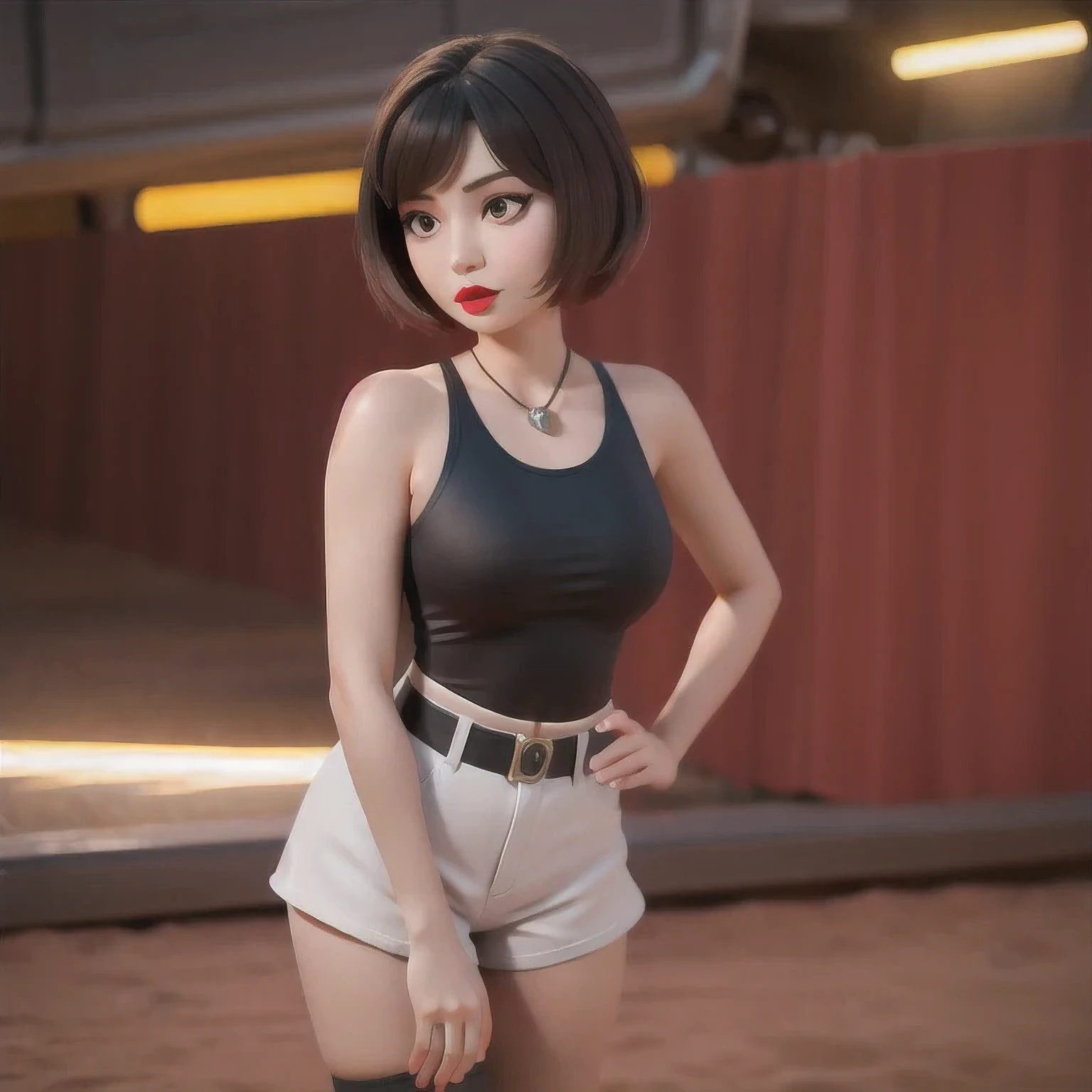 （（（1 Girl）））1 Girl
3d
bare shoulders
black eyes
black hair
blurry
blurry background
breasts
brown eyes
depth of field
leaning forward
lips
lipstick
looking at viewer
makeup
nose
outdoors
realistic
red lips
short hair
shorts
solo
tank top，(Desert Abyss)
