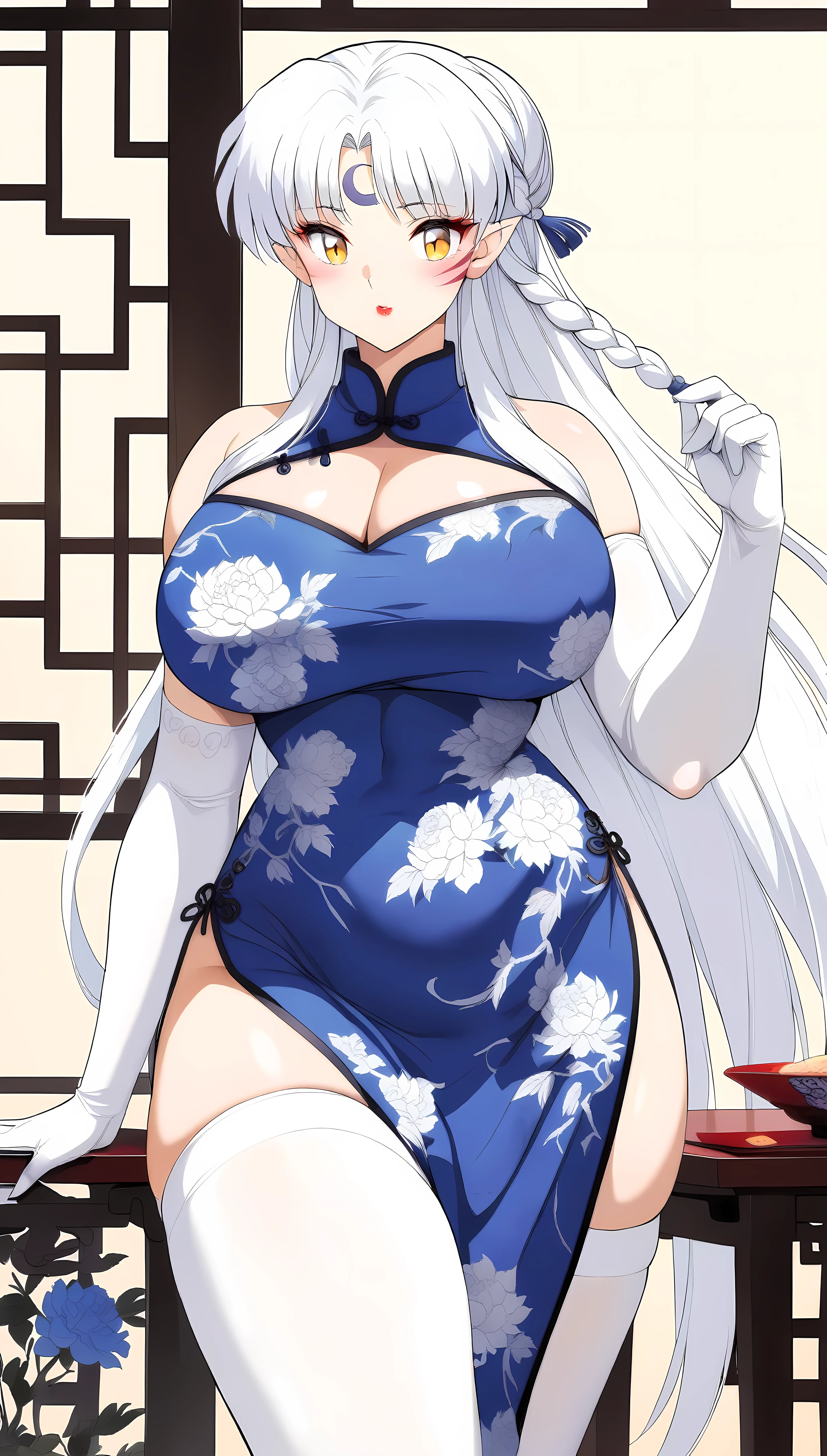 1girl,Sesshoumaru,sesshoumaru,mature female,(scornful eyes),yellow eyes,parted bangs,pointy ears,white hair,very long hair,red facial mark,forehead mark,alternate costume,arm at side,blush,braid,breasts,china dress,chinese clothes,curvy,dress,elbow gloves,bare shoulder,sleeveless,cleavage cutout,floral print,gloves,(blue and white porcelain gorgeous qipao,china dress,chinese clothes,dress),gigantic breasts,hip vent,print dress,indoors,holding a cup of Chinese baijiu,red lips,looking at viewer,parted bangs,sleeveless,solo,standing,thick thighs,upturned eyes,white thighhighs,wide hips,