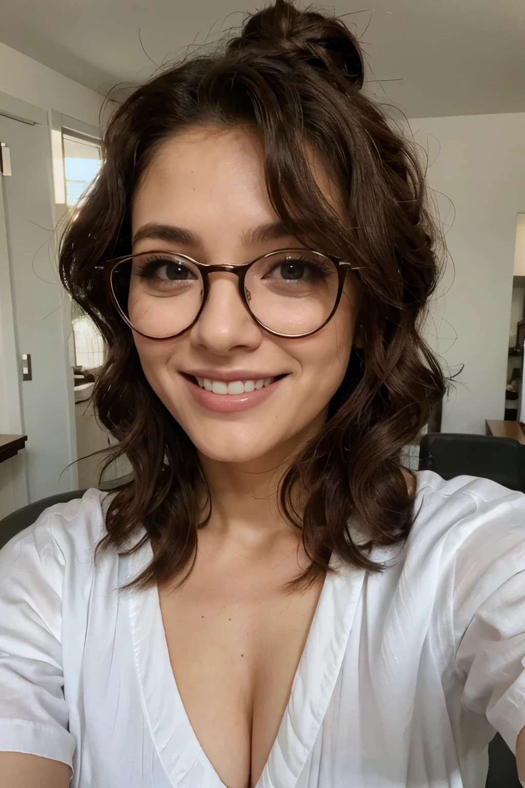 Cabelos pretos, curly and messy and tied in a bun. Parda. Mulher 34 anos. glasses. Sorrindo. Selfie