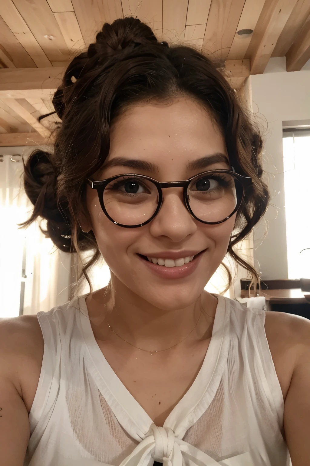 Cabelos pretos, curly and messy and tied in a bun. Parda. Mulher 34 anos. glasses. Sorrindo. Selfie