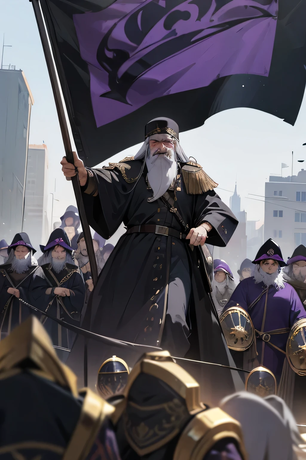 old emperor with long grey hair and beard being escorted by black and purple byzantine army marching through city with spectators