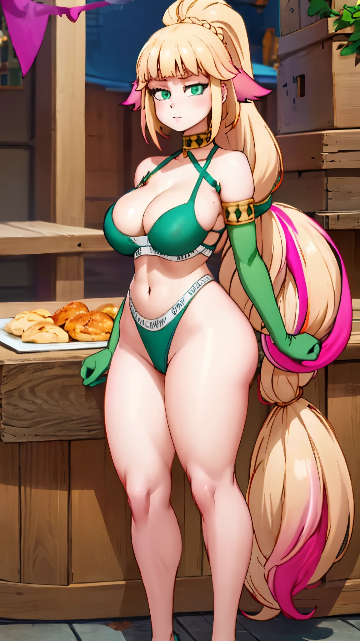 demia, full body, looking at viewer, long hair, blonde hair, (green eyes:1.3), pink hair, braid, multicolored hair, single braid, gradient hair, gloves, ckundies, cleavage, bare shoulders, choker, elbow gloves, white gloves, witch,