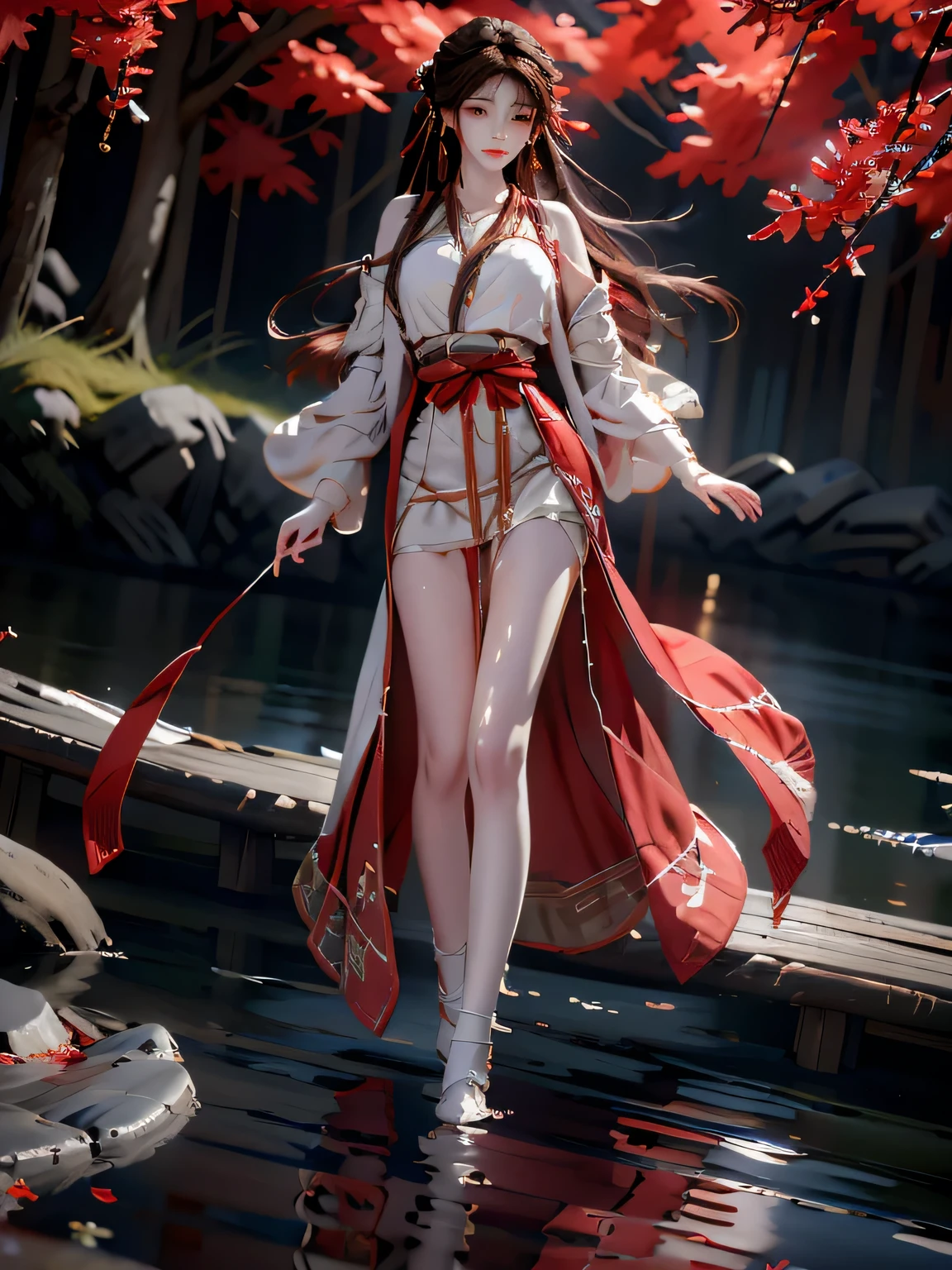 1 beautiful girl，best quality，masterpiece，Ultra-high resolution，Clear face,8K，Red and white Hanfu，Silk texture，ankle，Bare shoulders,Full body image，The background is red mulberry forest，Depth of Field，Expose slender legs，Legs paddling in the water，Dynamic poses