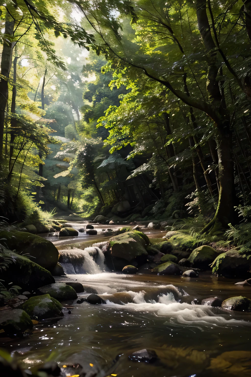 Create a vibrant and serene image of a lush forest landscape. The scene should include towering trees with dense foliage, a variety of plants and flowers, and a clear stream flowing through the forest. The sunlight filters through the canopy, casting dappled light on the forest floor. In the distance, a family of deer is grazing peacefully. The overall atmosphere should be calm and rejuvenating, capturing the beauty and tranquility of nature