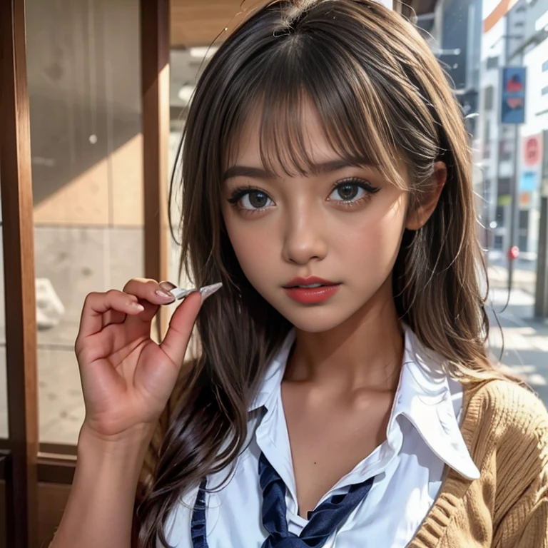 ((Cute 10 year old Japanese))、on the road、Highly detailed face、Pay attention to the details、double eyelid、Beautiful thin nose、Sharp focus:1.2、Beautiful woman:1.4、(Gal Hairstyles)、highest quality、masterpiece、Ultra-high resolution、(Realistic:1.4)、Highly detailed and professional lighting、nice smile、Japanese school girl uniform
