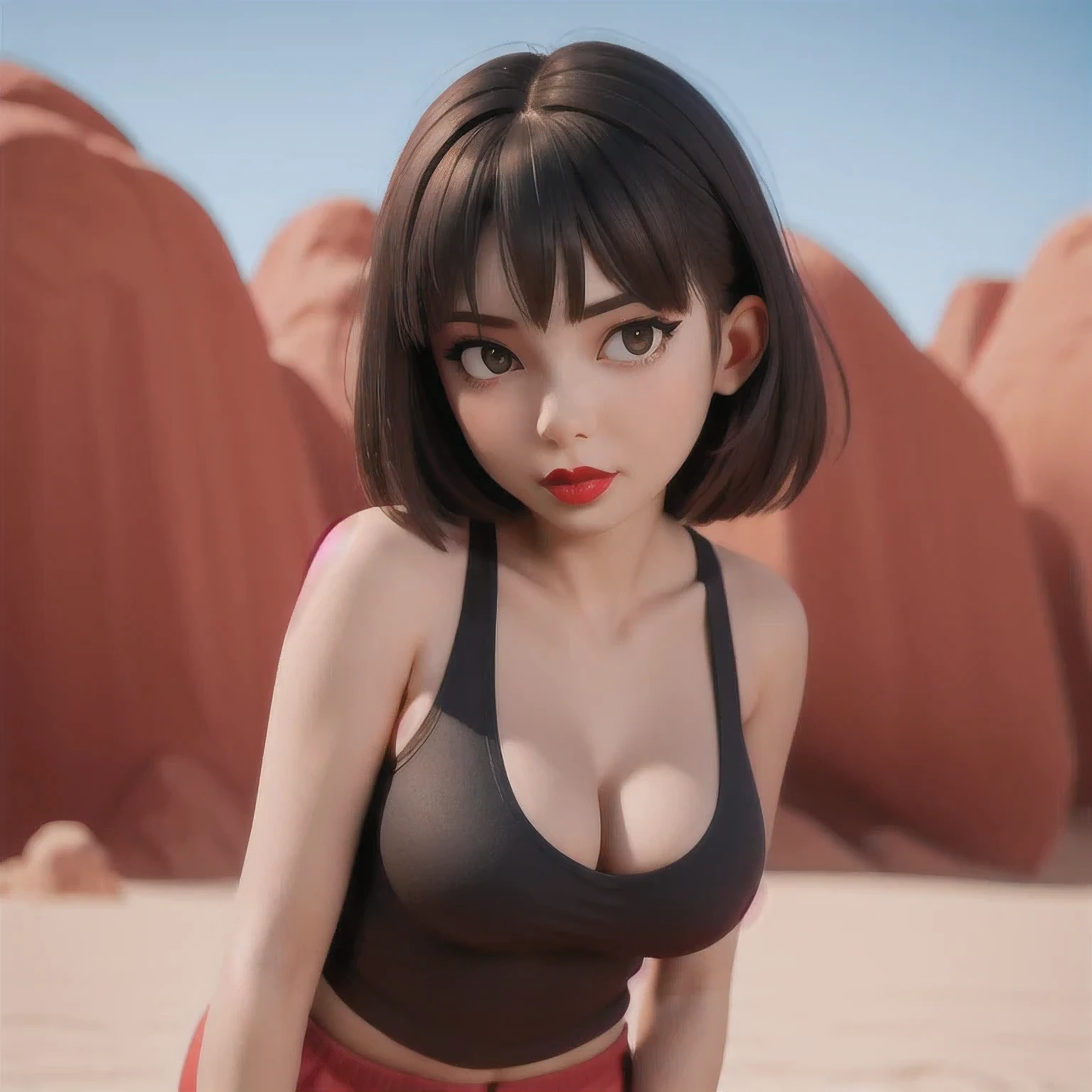 (((1 Girl)))1 Girl
3d
bare shoulders
black eyes
black hair
blurry
blurry background
breasts
brown eyes
depth of field
leaning forward
lips
lipstick
looking at viewer
makeup
nose
outdoors
realistic
red lips
short hair
shorts
solo
tank top,(Desert Abyss)