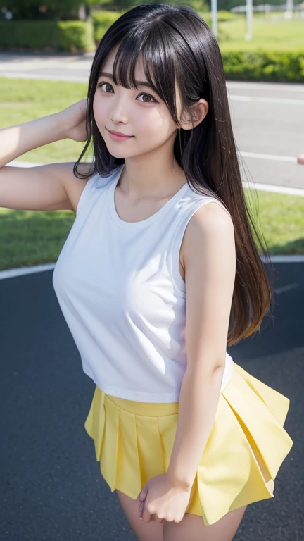 8K、Detailed Description、Very high definition、Realistic、reality的、Real、live-action、reality、High resolution、Nogizaka46、japanese idol,beautiful girl、21 years old、White sleeveless lacrosse uniform、Knee-up-top angle of view、Mouth closed、Lacrosse court、sunny、Strong winds、Straight Long Hair、Headband、Very black hair、Pastel yellow flared mini skirt、Her skirt is flipped up、Hair blowing in the wind、pretty girl、Beauty、Large Breasts、Glowing Skin、Glowing Skin、Shiny Hair、Very white skin、Heavy makeup、Embarrassed、Shyly、Slit eyes、Big Eyes、Double eyelids、Smile without showing your teeth、Arms folded behind back、clear、Looking up、Peeking into this