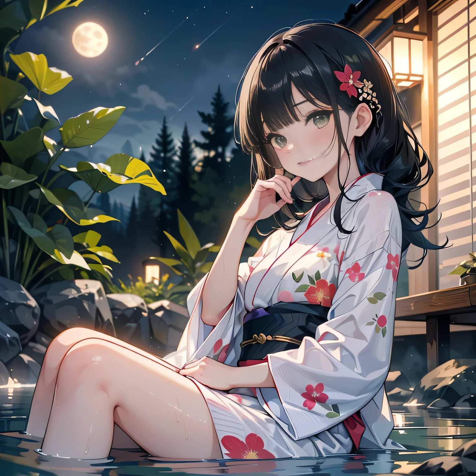 full body,low angle,from below,♥(japanese flower printed yukata),(bathing in the spa), ((1girl,cute,young,Semi long beautiful black hair,blunt bangs,beautiful green eyes)),(solo),((masterpiece, highest resolution,best quality)), ((realistic:1.5,Beautiful girl RAW photo)), (bathing in the spa), (looking at the viewer), innocent smile,cinematic lighting,beautiful outside open spa, rocks,natural beauty,full moon,night sky