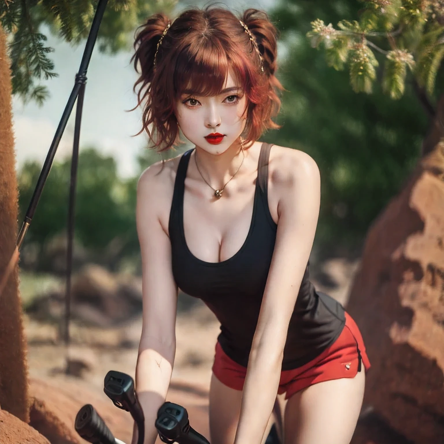 （（（1 Girl）））1 Girl
3d
bare shoulders
black eyes
black hair
blurry
blurry background
breasts
brown eyes
depth of field
leaning forward
lips
lipstick
looking at viewer
makeup
nose
outdoors
realistic
red lips
short hair
shorts
solo
tank top，(Desert Abyss)
