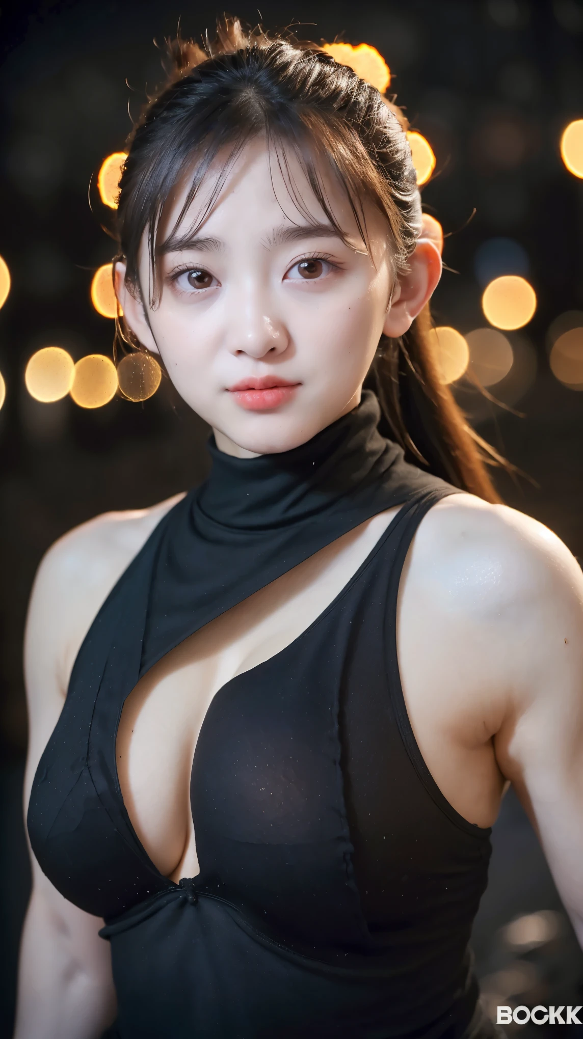 , 20 Yearsold, Beautiful, Sleeveless Black Turtleneck, Ultra Realistic Detail, Night Street Background, Halloween Vibe, Ponytail, Look at Viewer, ((breastssize:1.3)), ((muscles:1.3)), ((adorable:1.1)), ((masterpiece:1.1)), ((bokeh:1.5))