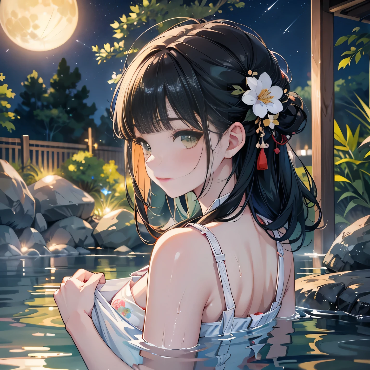 full body,low angle,from below,♥(japanese flower printed yukata),(bathing in the spa), ((1girl,cute,young,Semi long beautiful black hair,blunt bangs,beautiful green eyes)),(solo),((masterpiece, highest resolution,best quality)), ((realistic:1.5,Beautiful girl RAW photo)), (bathing in the spa), (looking at the viewer), innocent smile,cinematic lighting,beautiful outside open spa, rocks,natural beauty,full moon,night sky