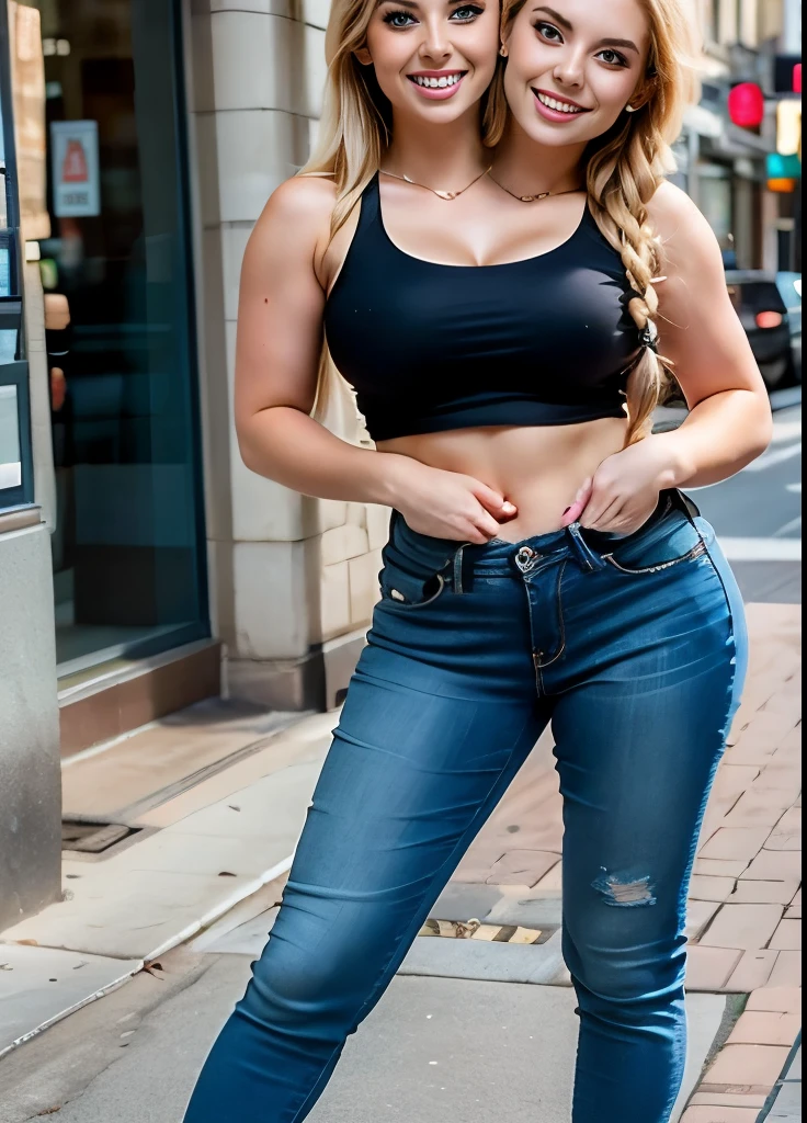 best resolution, 2 heads, two different people become conjoined, different heads, braided hair, blonde, eyeliner, 25 years old, cute, flirting, tanktop, jeans, standing on sidewalk, teasing you,