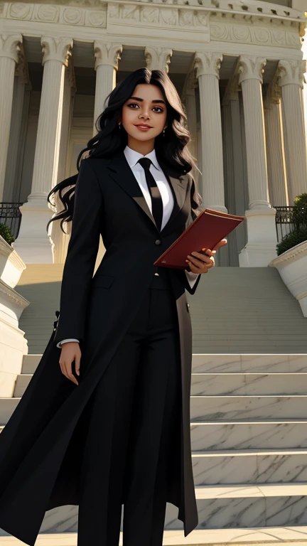 A proud 18 year old female holding their law degree or bar certificate background of supreme court. With formal white shirt and formal black pant along with a black tie and a black coat. Attire should be that of resembling a lawyer
With name written on the certificate as Mansi Singh and the certificate words should be in English. She wears a black graduation cap in her long, flowing hair. The setting is the outside view of supreme court in India with the girl standing on the stairs of the way to reach the gate of supreme court of India. With beautiful multicolored flowers at the corners of the stairs.beautiful woman, skinny, large big breasts, black long hair, detailed face, smile, facing the camera, photo taken from a distance, age of 18 years old