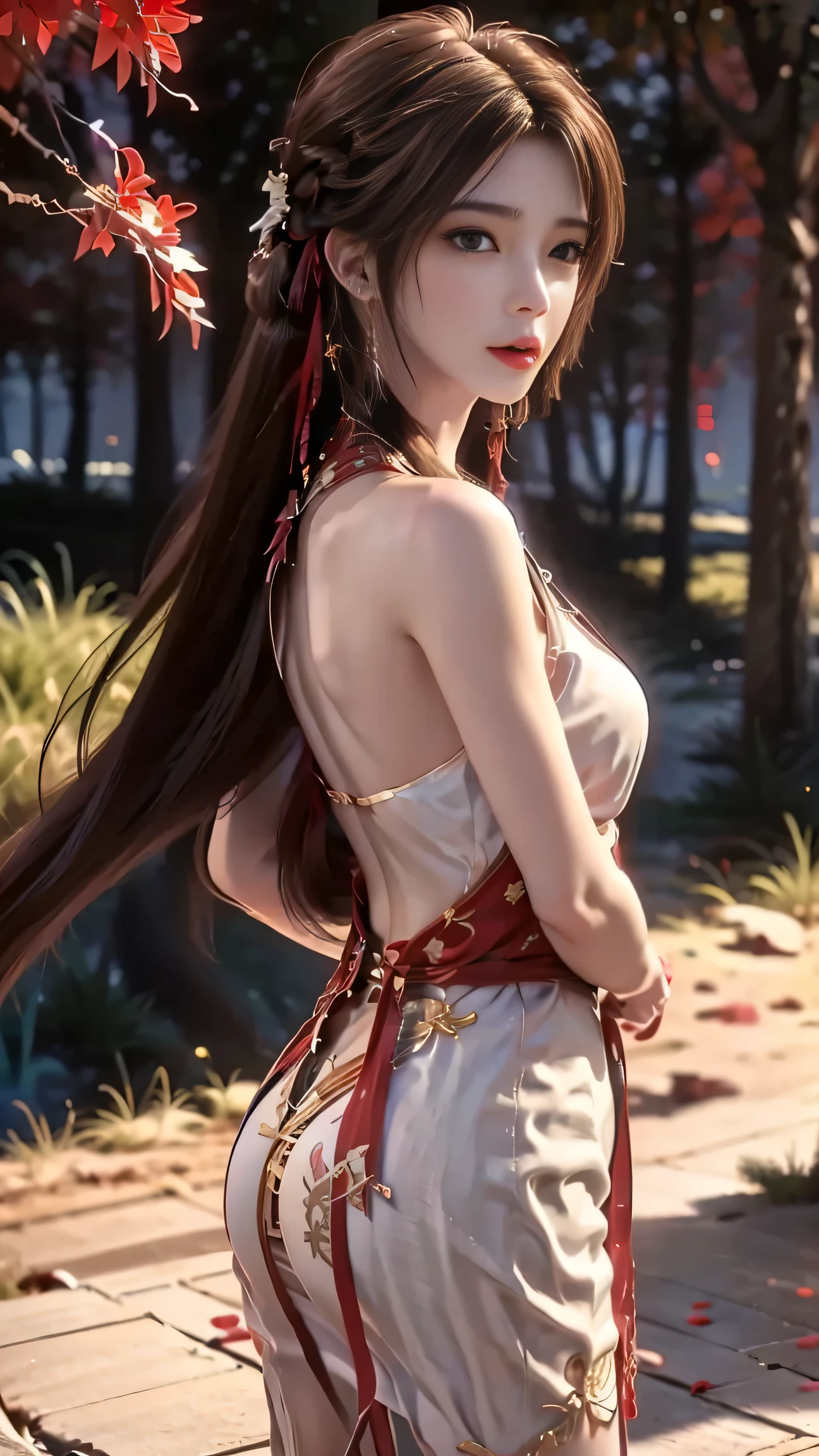 1girl,looking back over shoulder,parted bangs, long hair, hair strand, shiny hair, hair ribbon, head wreath, longeyelashes, parted lips, light brown hair, depth of field, cinematic lighting, from below, panorama, UHD, masterpiece, textured skin,Dress, backless, new Chinese style, red and white, silk